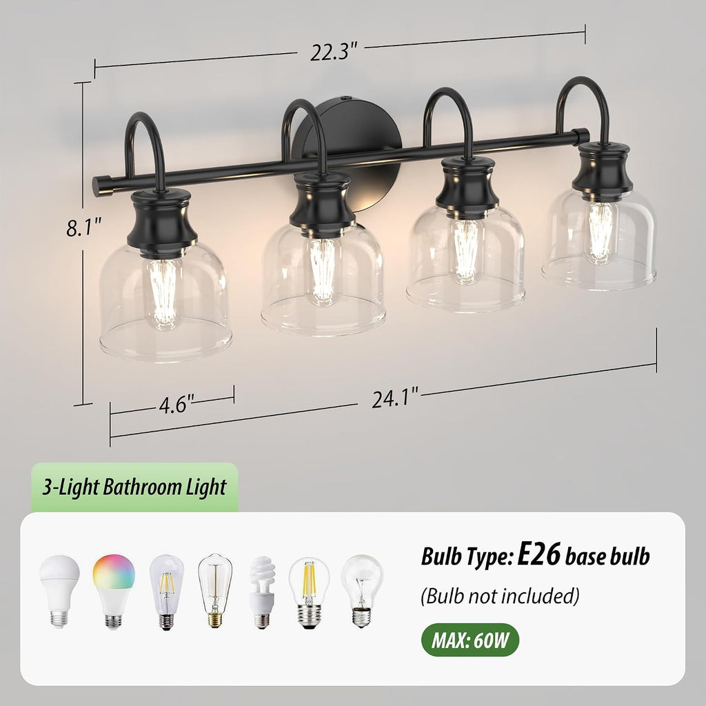 4 Lights Bathroom Vanity Light Fixtures, Matte Black Traditional Classic Vanity Light with Clear Glass, Bathroom Lighting Fixtures Over Mirror