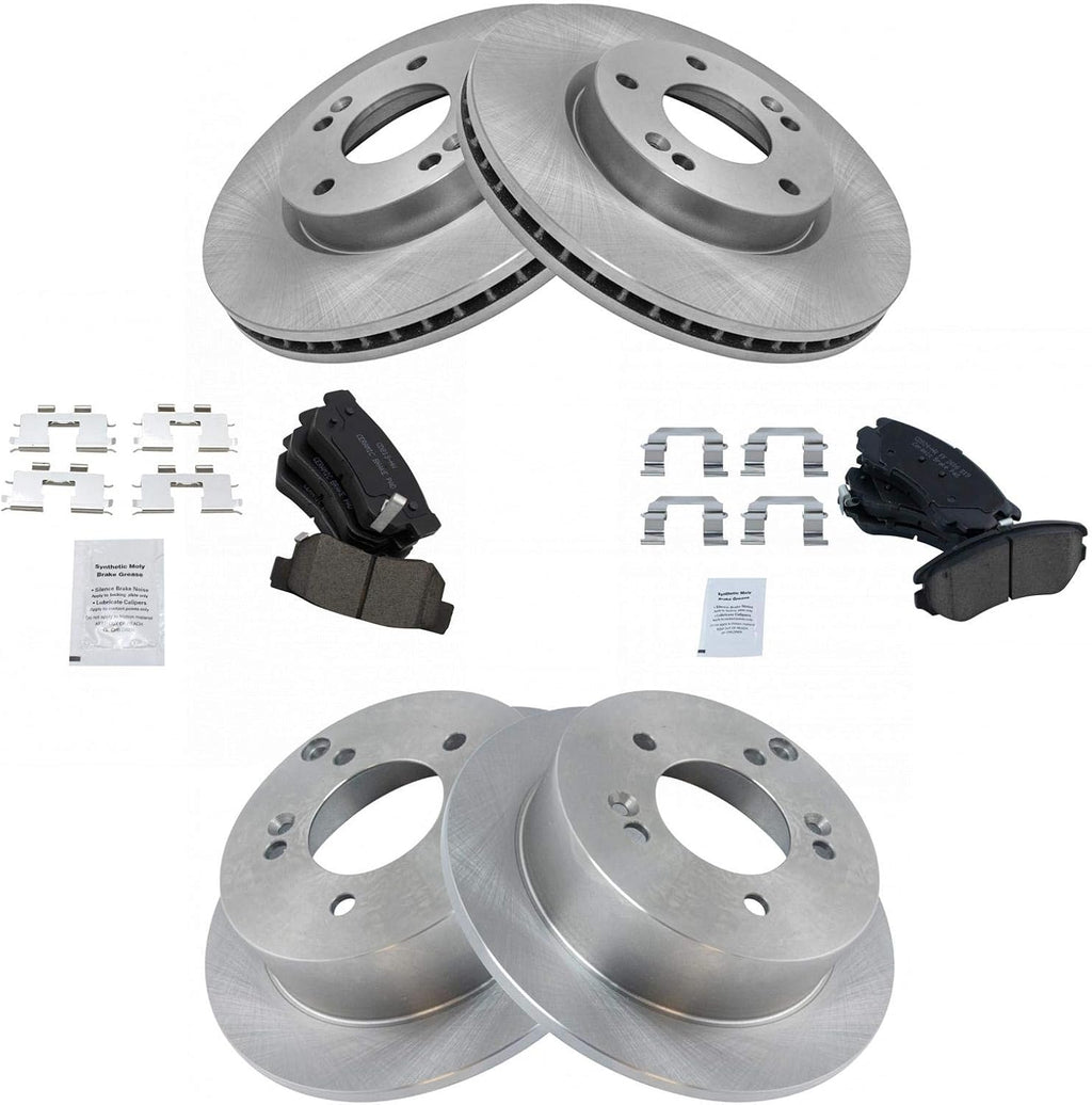 TRQ Front and Rear Brake Pad and Rotor Set Ceramic Vented Solid Rotors Compatible with 2005-2009 Hyundai Tucson 2005-2010 Kia Sportage Front Wheel Drive