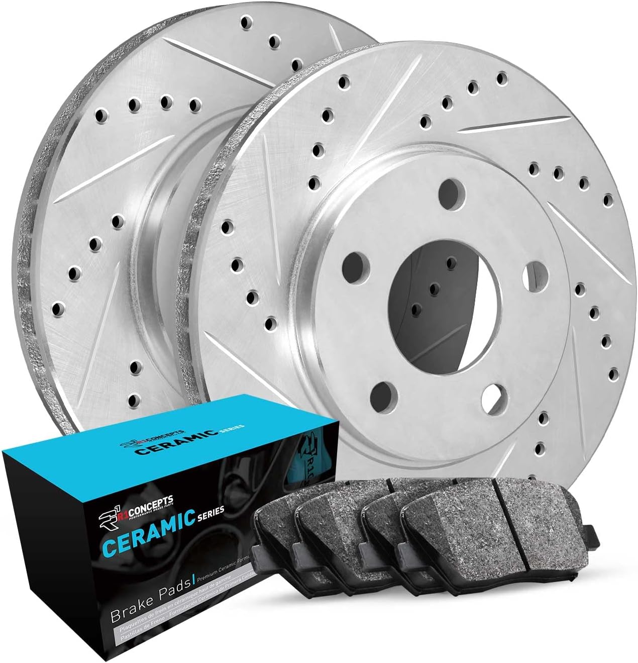 R1 Concepts Rear Brake Kit Fits 2010-2013 Audi A3; 2012-2013 Volkswagen Beetle; 2010-2016 Volkswagen Eos; 2010-2014 Volkswagen Golf| Ceramic Brake Pads and Drilled Slotted Brake Rotors| 10.7' Rear