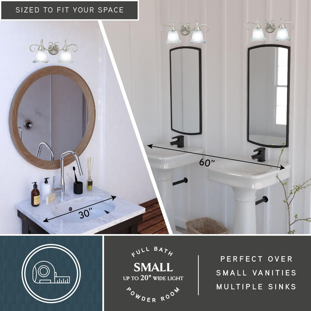 VAXCEL Bella 2-Light 19.75 inch Wide Brushed Nickel Transitional Bathroom Vanity Lighting Fixture, White Alabaster Scalloped Glass Shade, Dimmable, LED Compatible, Over The Mirror Mounted Wall Sconce