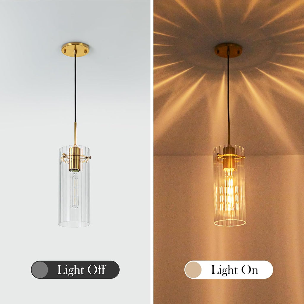 Gold Pendant Light Fixtures, 3 Pack Modern Pendant Lighting with Clear Striped Glass Shade, Hanging Pendant Lights Kitchen Island, Farmhouse Pendant Lighting for Dining Room Bedroom Bathroom