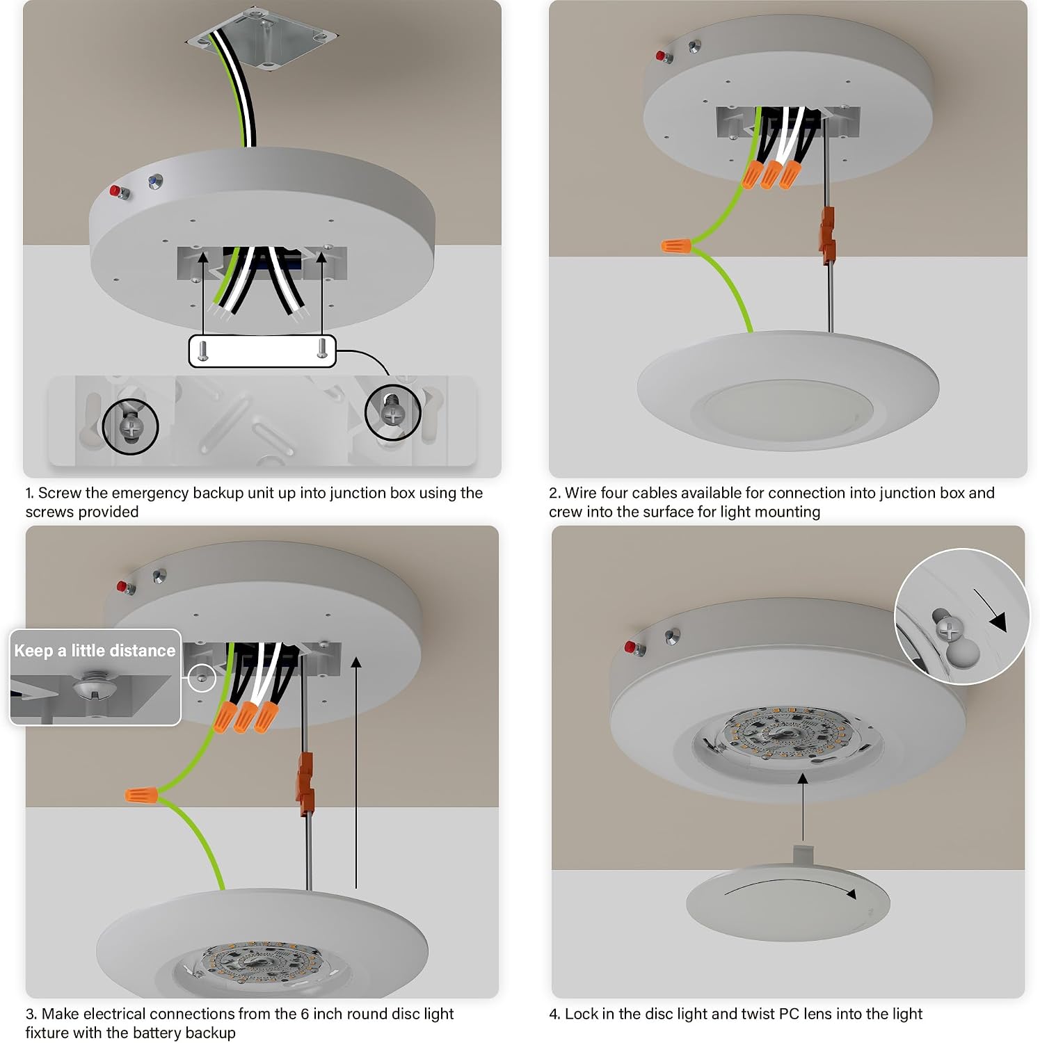 6 Inch LED Emergency Disk Light Kit with Battery Backup, Ceiling Mount Emergency Lights, Dimmable, 120-277V, 15W, 1000lm, CRI90, 5CCT Selectable, ETL & Wet Rated, White, 4 Packs