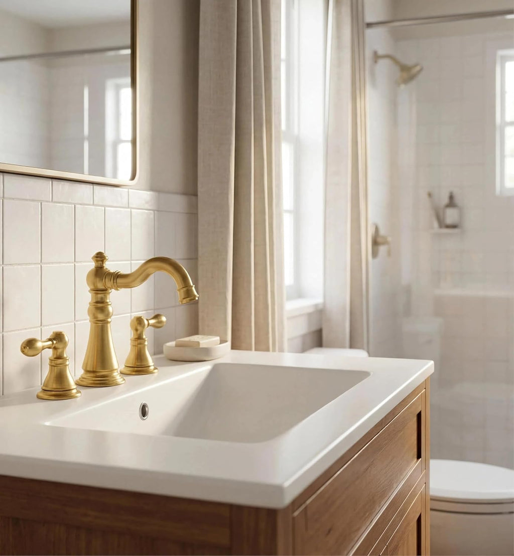 Two Handle Bathroom Sink Faucet 3 Hole Brushed Gold with Pop up Drain,High Arc Lavatory 8 Inch Widespread Bathroom Faucet, F-8805-BG