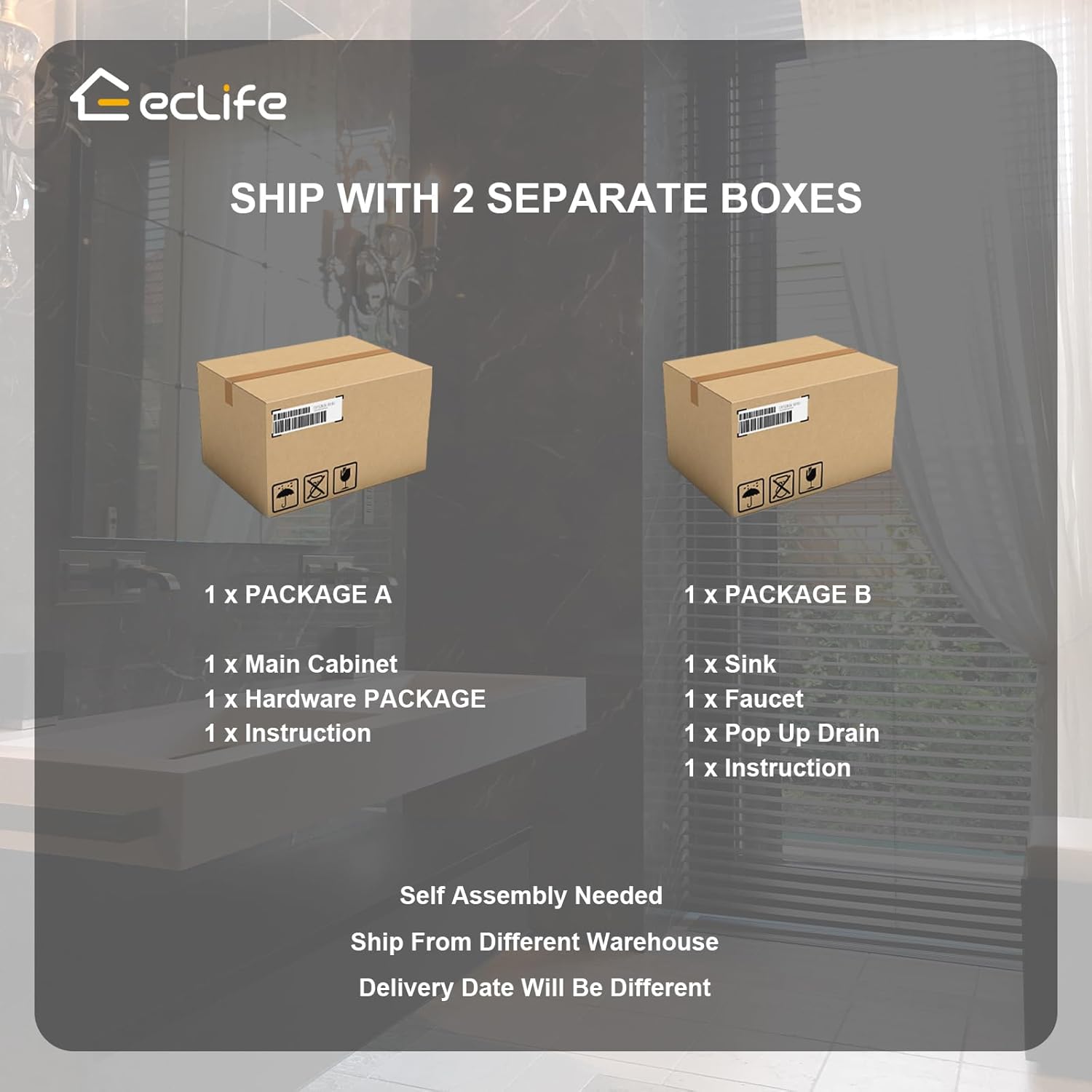eclife 48' Bathroom Vanities Sink Combo with Painted Surface, Modern Drawered Cabinet W/Decorative Wave Lines, Undermount Double White Sink, Matte Black Faucet Drain, Black