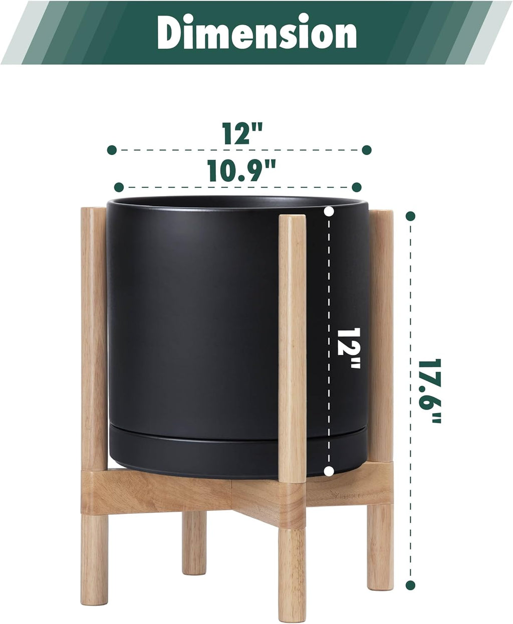 D'vine Dev Ceramic Planter with Natural Stand - 12 Inch Modern Round Flower Pot with Wood Planter Holder, Black, 55-B-J-2
