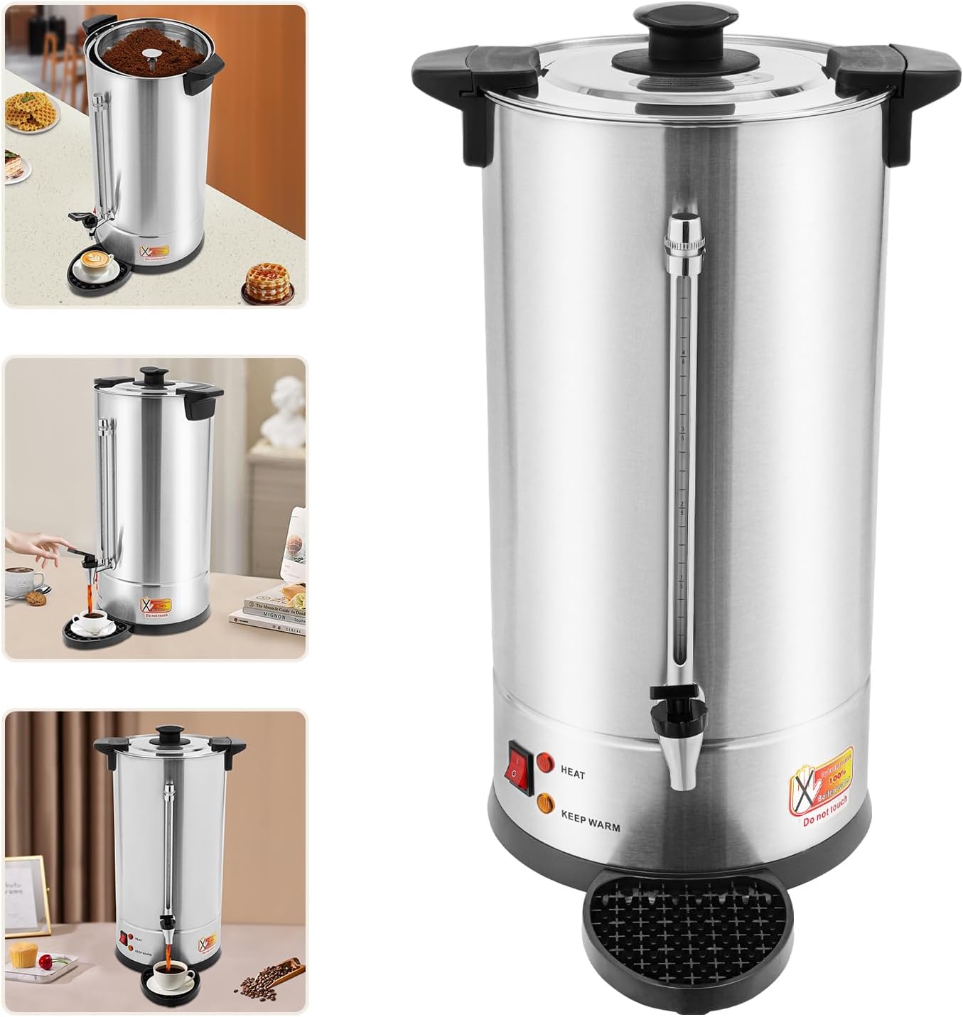 25L Stainless Steel Coffee Urn, Commercial Electric Hot Water Dispenser with Dripping Tray, No-Temp-Knob Silver Boiler for Catering Party Church Office, Large Capacity Percolator Brewer, Coffee Maker