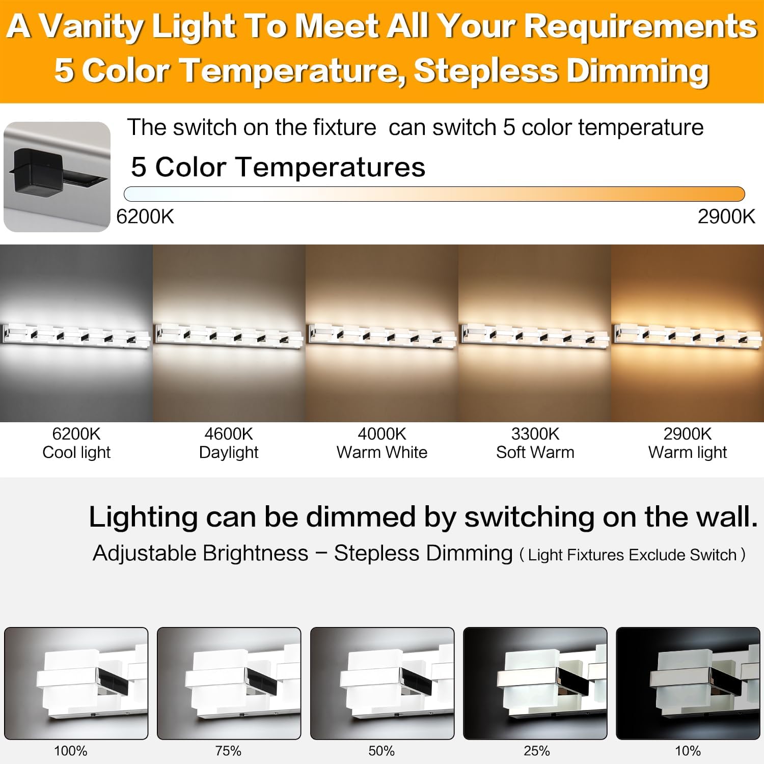 SOLFART Adjustable 6 Lights Black Bathroom Vanity Light Modern LED Vanity Light Fixtures Bathroom Lighting Fixtures for Mirror 41 inch 5 Color Dimmable 5CCT