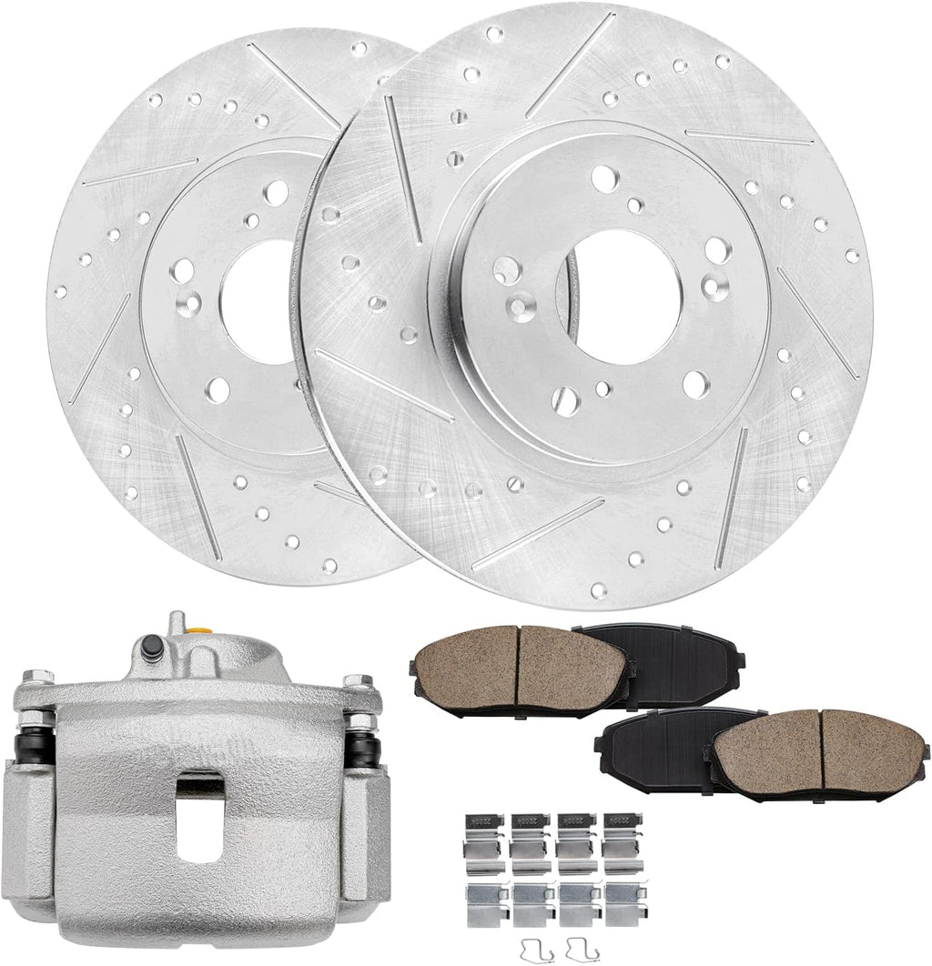 Detroit Axle - Front Drilled Brake Rotors Ceramic Brake Pads + Right Brake Caliper Replacement for Honda Odyssey Acura MDX - 5pc Set