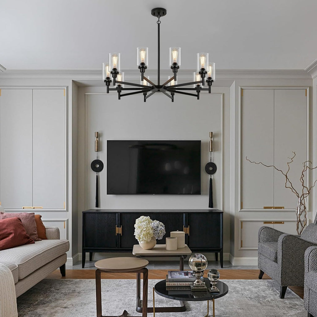 10 Light Large Black Farmhouse Chandelier | Rustic Chandeliers for Dining Room Light Fixture | Industrial Hanging Lighting with Clear Glass Cover for Living Room | Foyer | Staircase | Villa