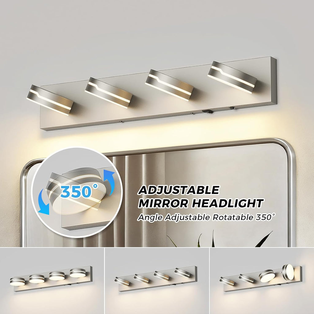 26' Motion Sensor Vanity Light Brushed Nickel, 3CCT 4-Light Modern LED Bathroom Lighting Fixtures Over Mirror, Dimmable Rotatable Head Wall Sconce, 3000K-6000K Color Selectable