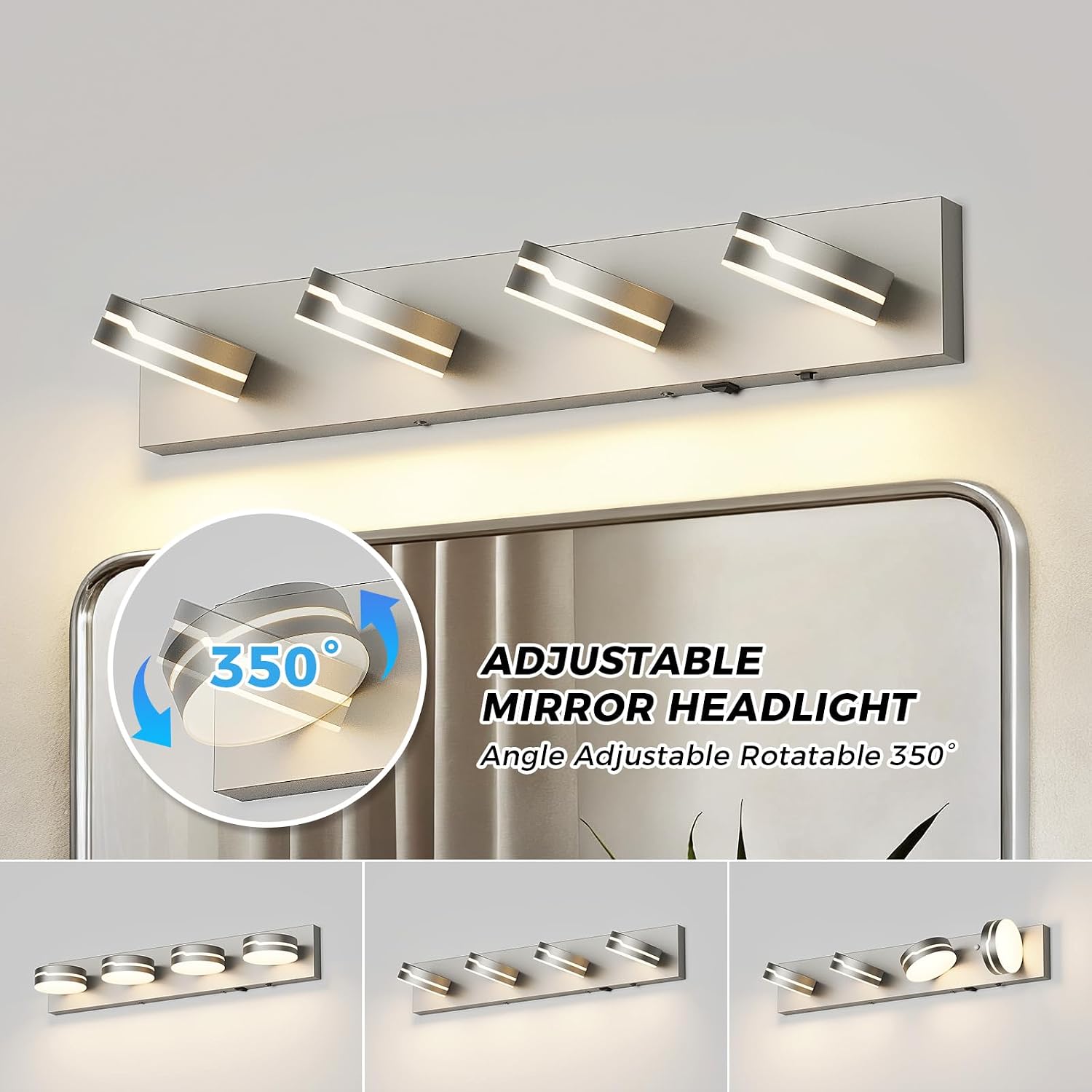 26' Motion Sensor Vanity Light Brushed Nickel, 3CCT 4-Light Modern LED Bathroom Lighting Fixtures Over Mirror, Dimmable Rotatable Head Wall Sconce, 3000K-6000K Color Selectable