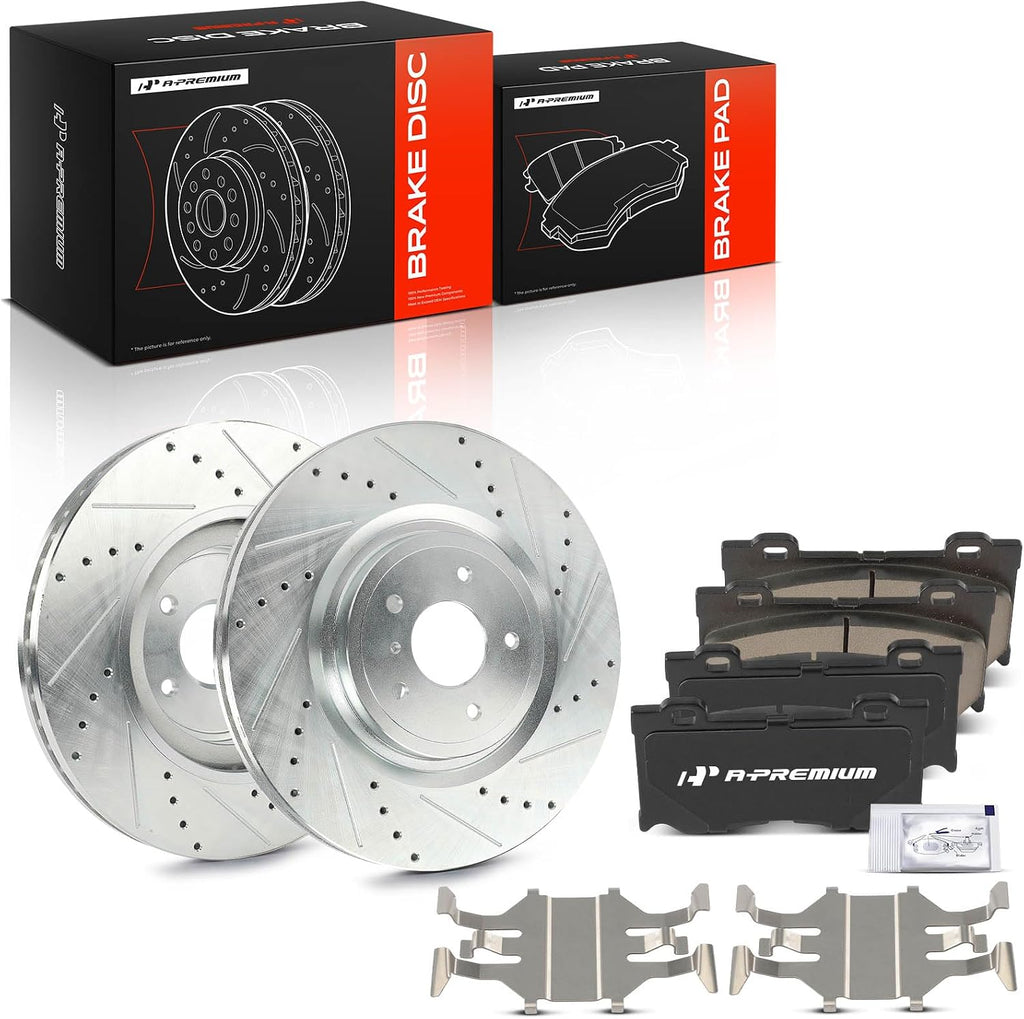 A-Premium 13.96 inch (354.5mm) Front Drilled and Slotted Disc Brake Rotors + Ceramic Pads Kit Compatible with Select Infiniti and Nissan Models - Q50, Q60, Q70, Q70L, QX70, M56, M37, FX50, G37, 370Z