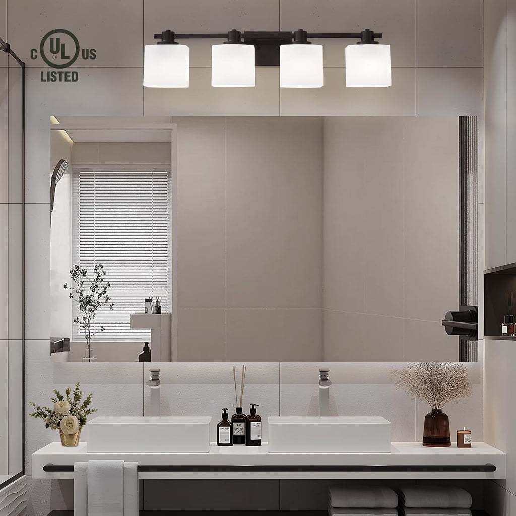 32 Inch Matte Black Bathroom Light Fixtures Over Mirror 4 Light Bathroom Vanity Light Milk Glass Makeup Shower Lamp Small Farmhouse Wall Sconce Modern Desk Vintage Rustic Bath Sink Lighting