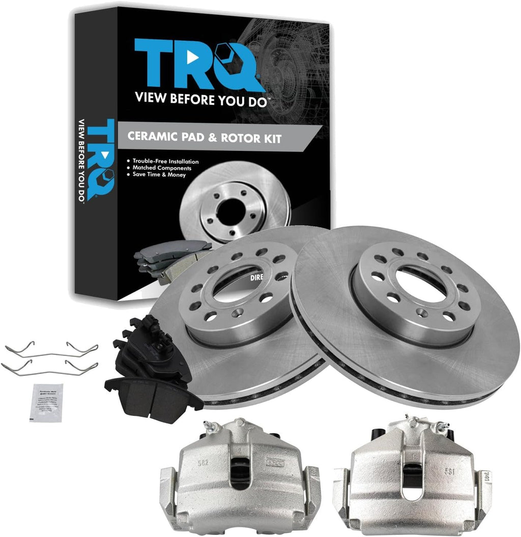 TRQ Front Brake Pad and Rotor Set Ceramic Vented Rotors Calipers Compatible with 2010 Audi A3 2012-2019 Volkswagen Beetle 2010-2014 Golf 2013 GTI 2005-2015 Jetta 2006-2009 Rabbit