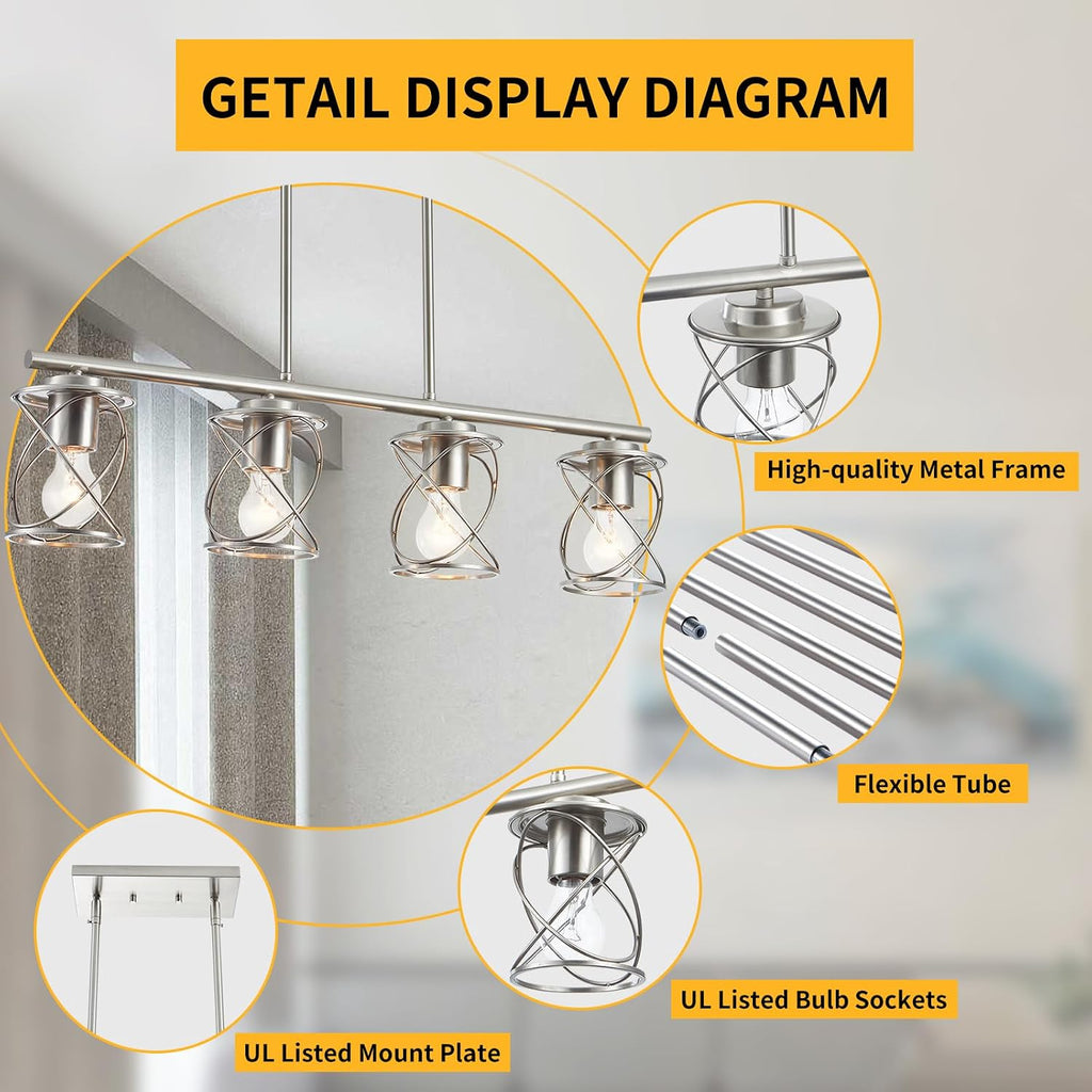 mavcadonf Kitchen Island Light, 4-Light Dining Room Lighting Fixtures Hanging, Farmhouse Linear Pendant Light for Kitchen Island Table Living Room with Adjustable Rods, Brushed Nickel