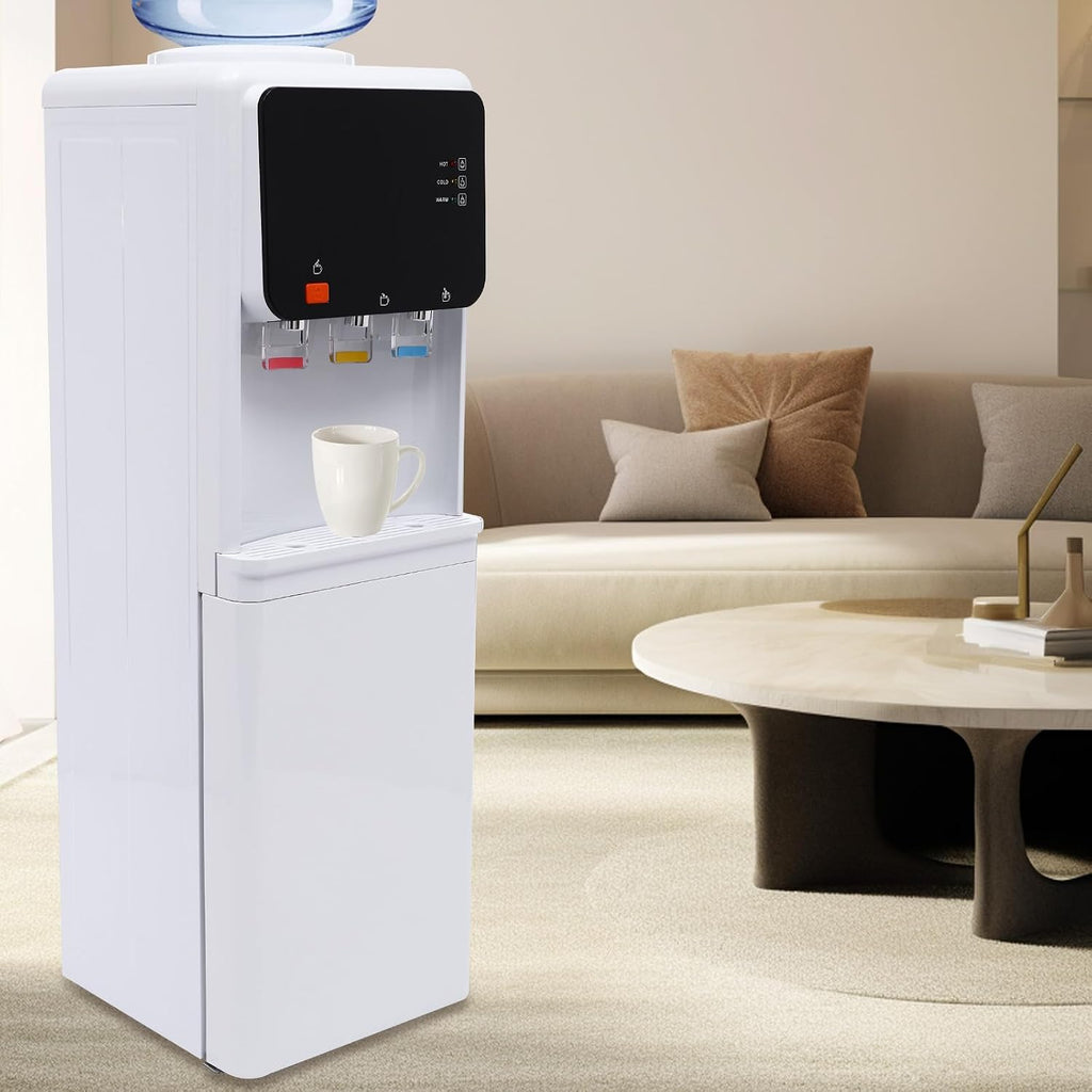 Top Loading Water Cooler Dispenser, Hot & Cold & Room Standing Water Dispenser for 1-4 Gallon Bottle, Child Safety Lock, Removable Drip Tray, Large Capacity Storage Cabinet, for Home, Office, School