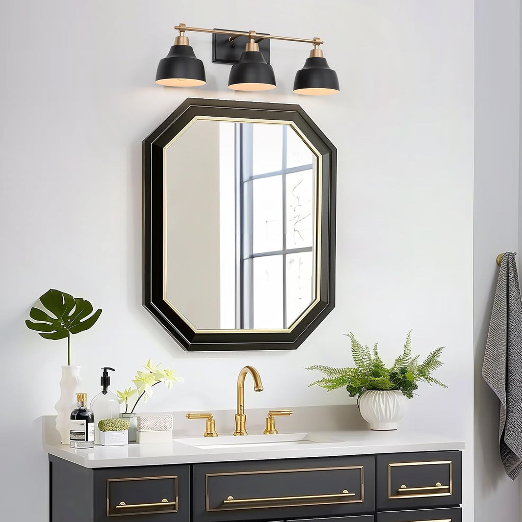 LALUZ Black Bathroom Vanity Light Fixtures, 3-Light Brass Modern Farmhouse Gold Vanity Wall Lamp Over Mirror with Metal Globe for Hallway, Bedroom, Kitchen, and Living Room