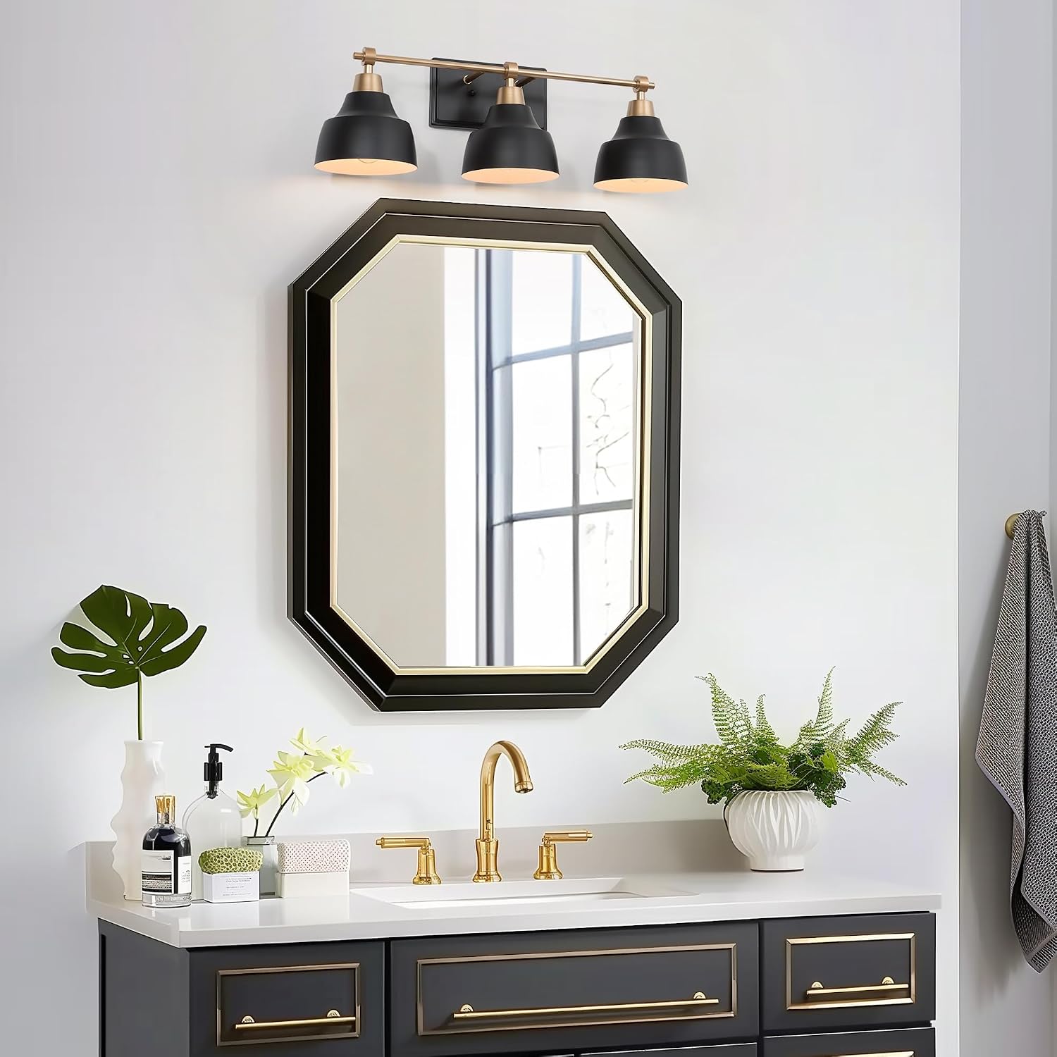 LALUZ Black Bathroom Vanity Light Fixtures, 3-Light Brass Modern Farmhouse Gold Vanity Wall Lamp Over Mirror with Metal Globe for Hallway, Bedroom, Kitchen, and Living Room