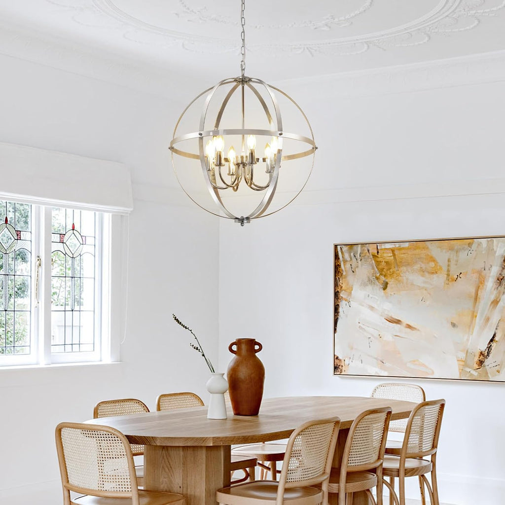 DLLT 6-Light Chrome Globe Pendant Light Fixtures, Industrial Sphere Pendant Lighting Over Island for Dining Room Foyer