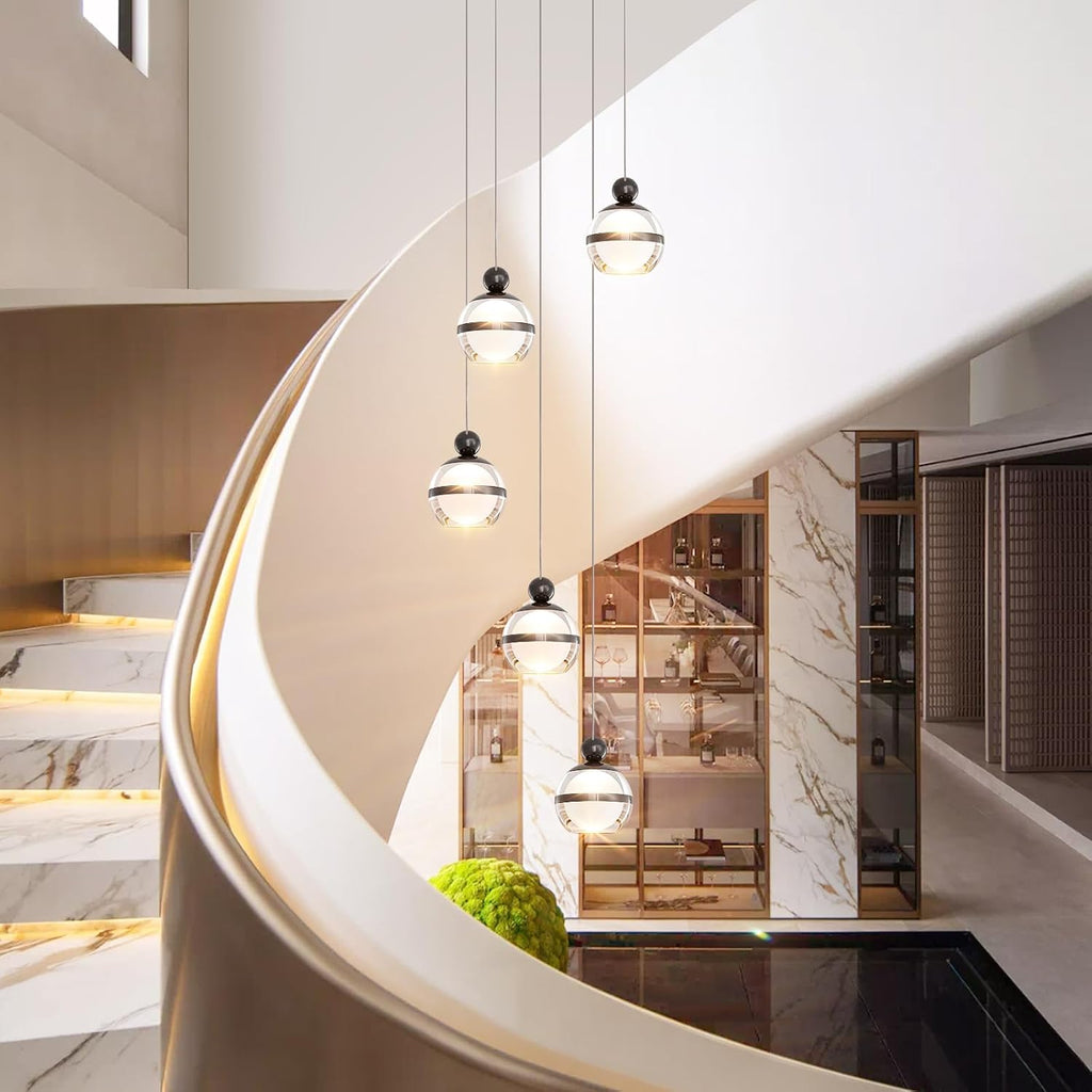 5-Light Black Chandelier, Modern Chandeliers for High Ceilings Globe LED Hanging Light Chandelier for Staircase Foyer Living Room Entryway Dining Room 3000K