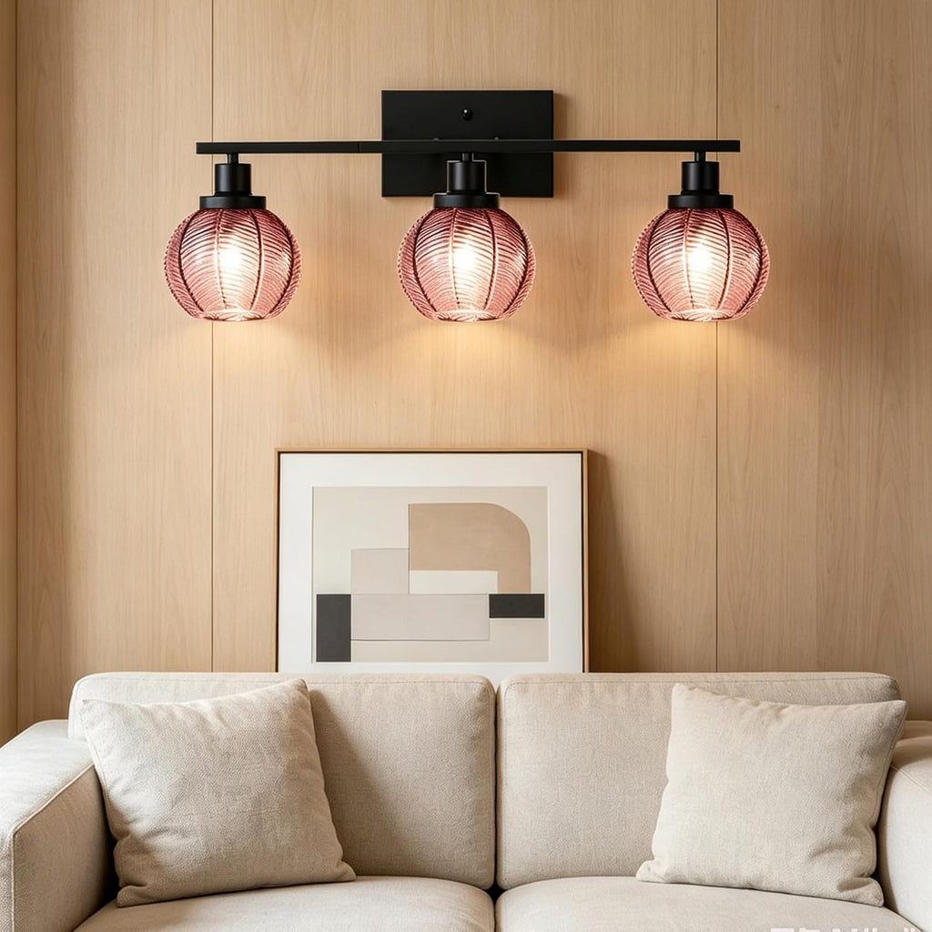 3-Light Pink Globe Bathroom Vanity Light Vintage Wall Sconce | 3-Light Vanity Light, Pink Ribbed Globe Glass Shades, E26, Soft Glow Mirror Lighting For Master Bath, Powder Room, Bathroom