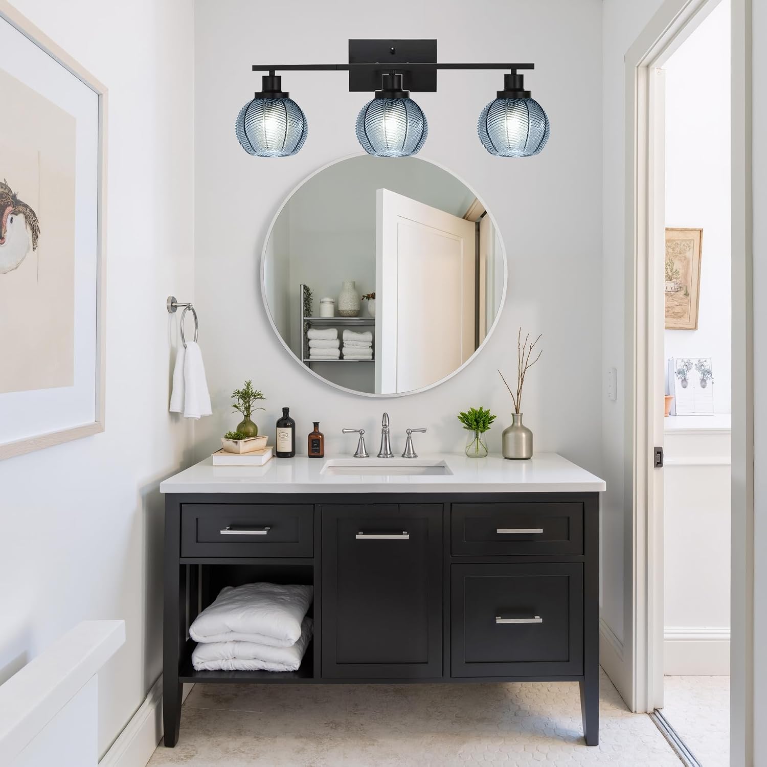 Mid Century Blue Wall Sconce 3-Light Vanity Lighting Fixture | Anti-Rust Black Metal Vanity Light, Thick Ribbed Blue Textured Globe Glass, E26 Base, Wall Mount Bath Sconce for Bedroom