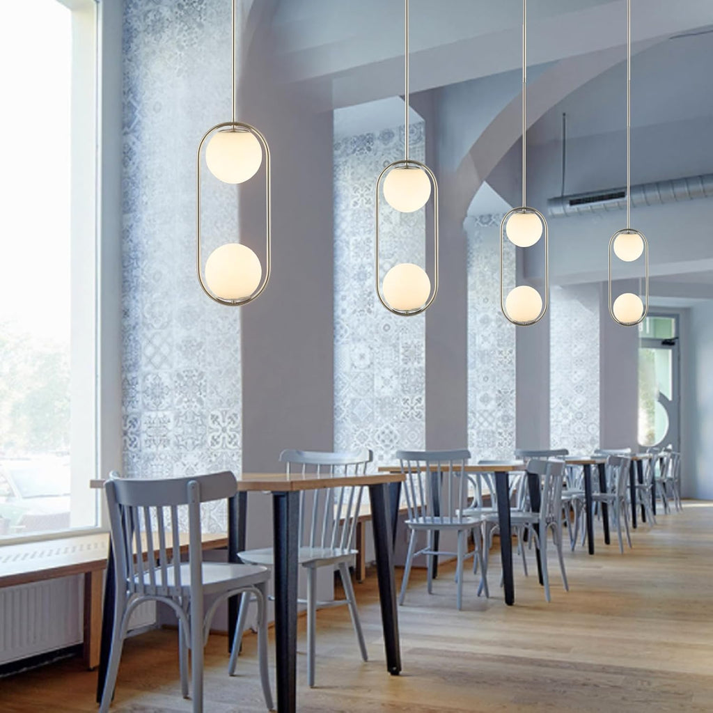BYOLIIMA Modern Globe Pendant Light 2-Lights Brushed Nickel Chandelier Mid Century Ceiling Hanging Lighting Fixture White Globe Glass Shades for Kitchen Island Dining Room Bedroom