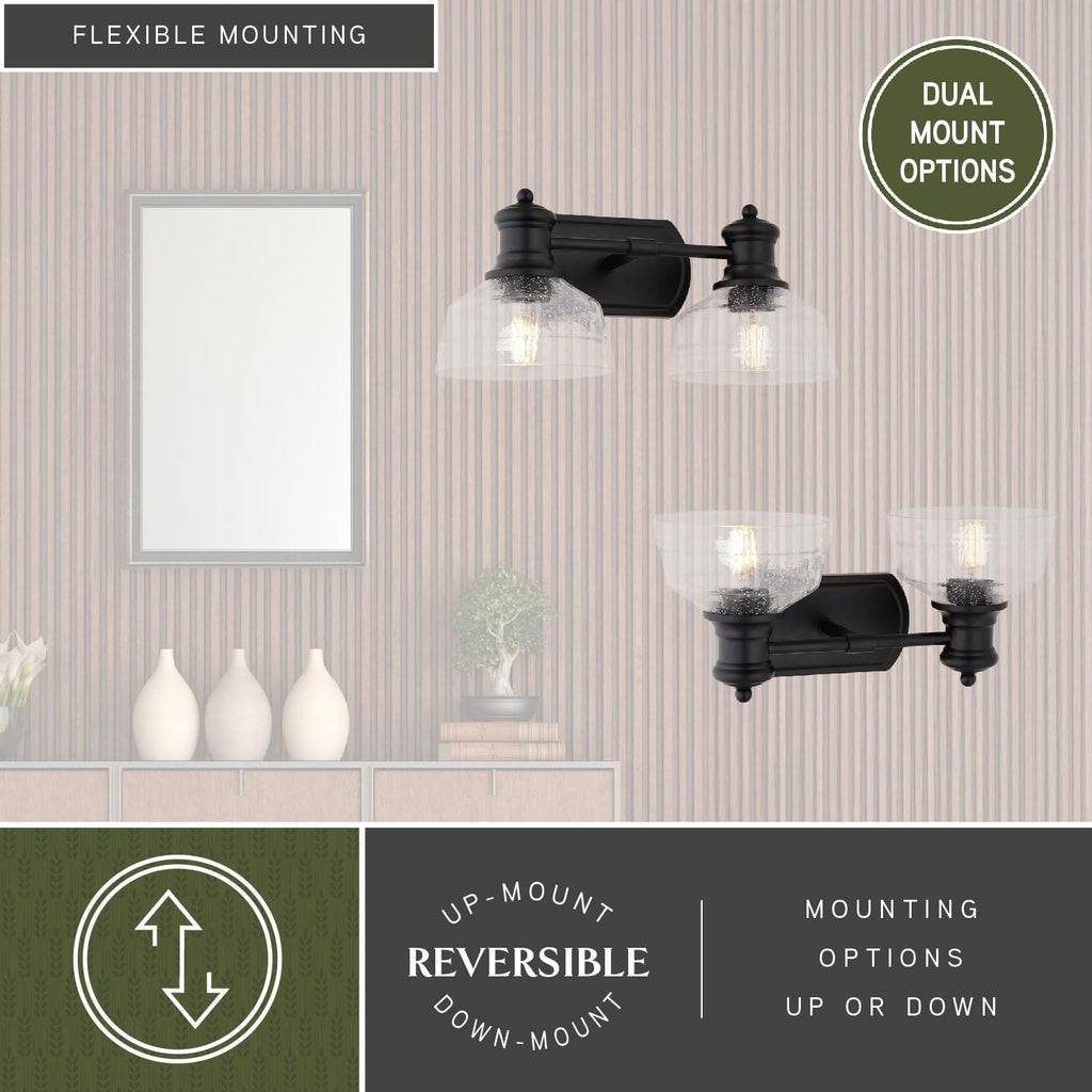 VAXCEL Beloit 2-Light 17 inch Wide Matte Black Farmhouse Bathroom Vanity Lighting Fixture, Clear Seeded Glass Shade, Dimmable, LED Compatible, Over the Mirror Mounted Metal Wall Sconce
