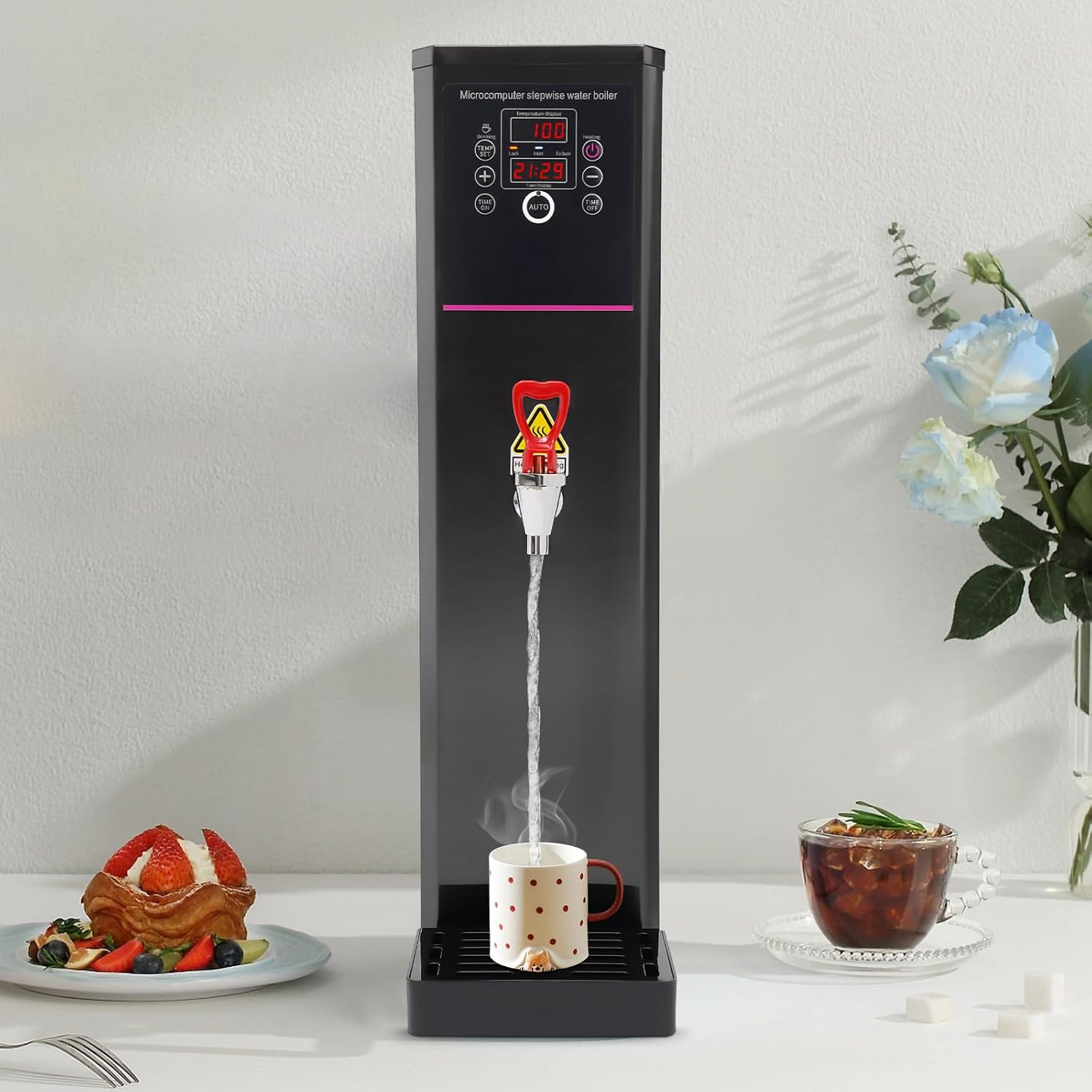 Commercial Electric Hot Water Dispenser, 1500W Stainless Steel Hot Water Machine w/Removable Drip Tray & Handle,11.89Gal/H Water Boiler Step-Heating 86°F - 212°F Adjustable (Black)