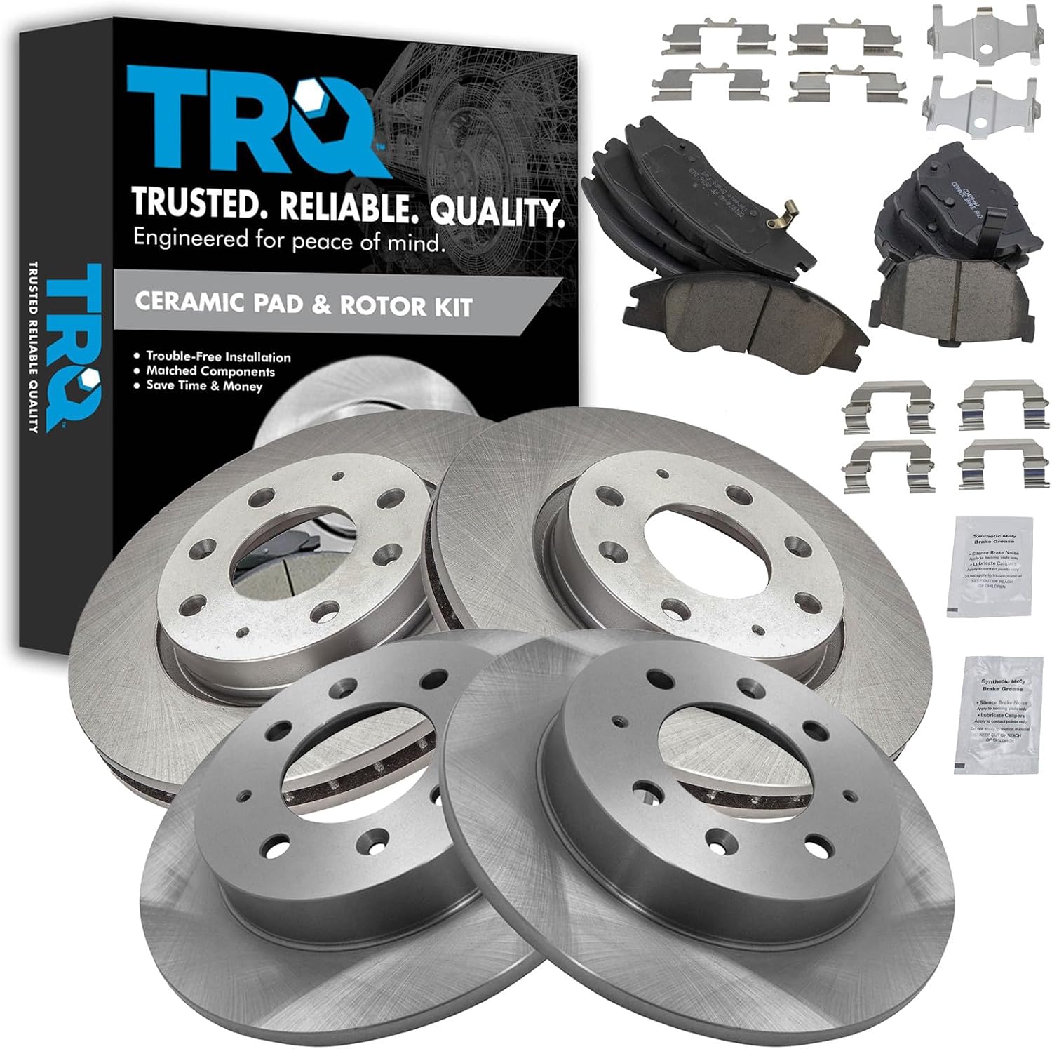 TRQ Front and Rear Brake Pad and Rotor Set Ceramic Vented Solid Rotors Compatible with 2004-2009 Kia Spectra 2005-2009 Spectra5