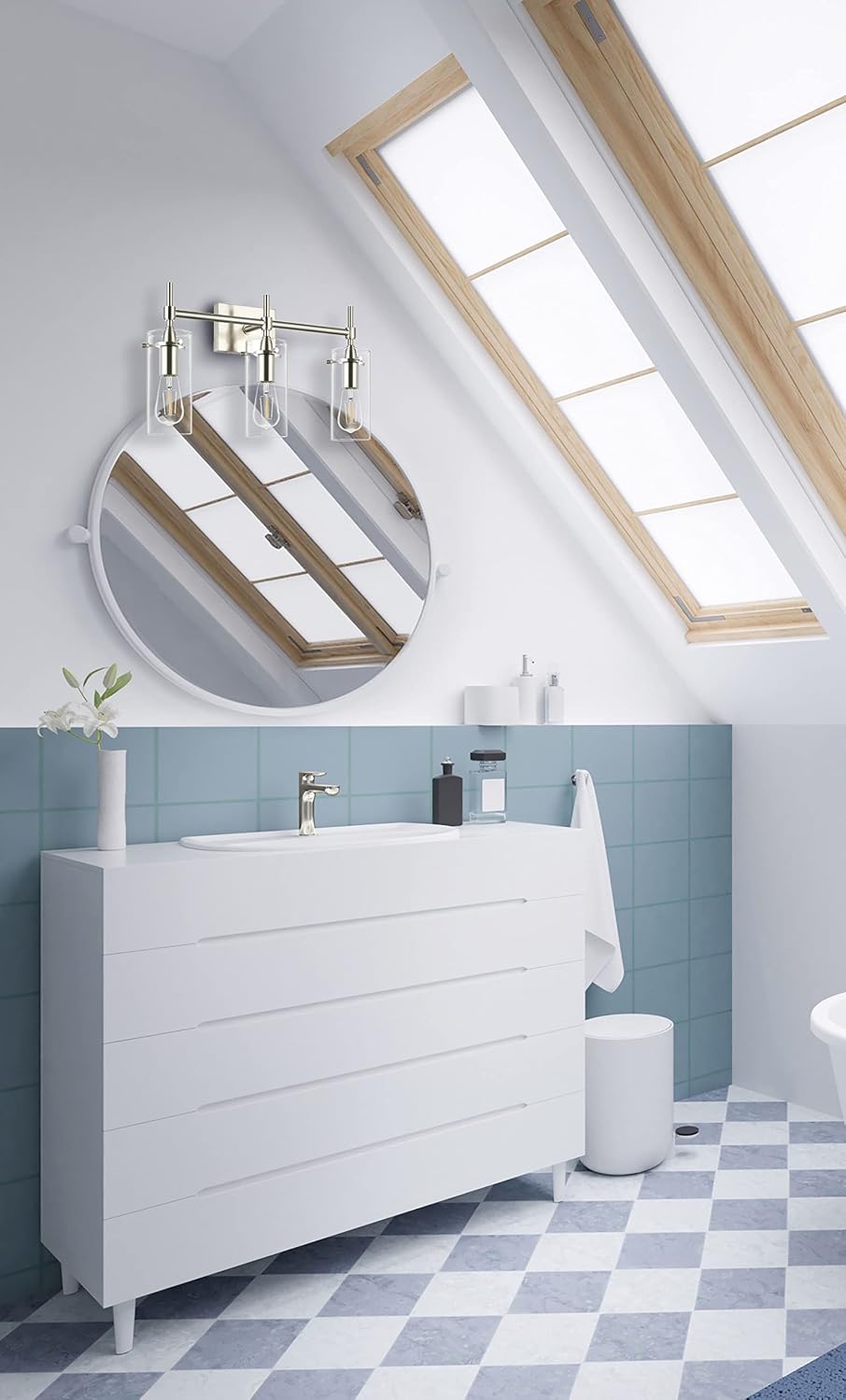 Linea di Liara Effimero Modern Farmhouse Bathroom Vanity Lights Fixtures 3 Lights Over Mirror Brushed Nickel Vanity Lights For Bathroom Light Fixtures Industrial Lighting Clear Glass Covers, UL Listed