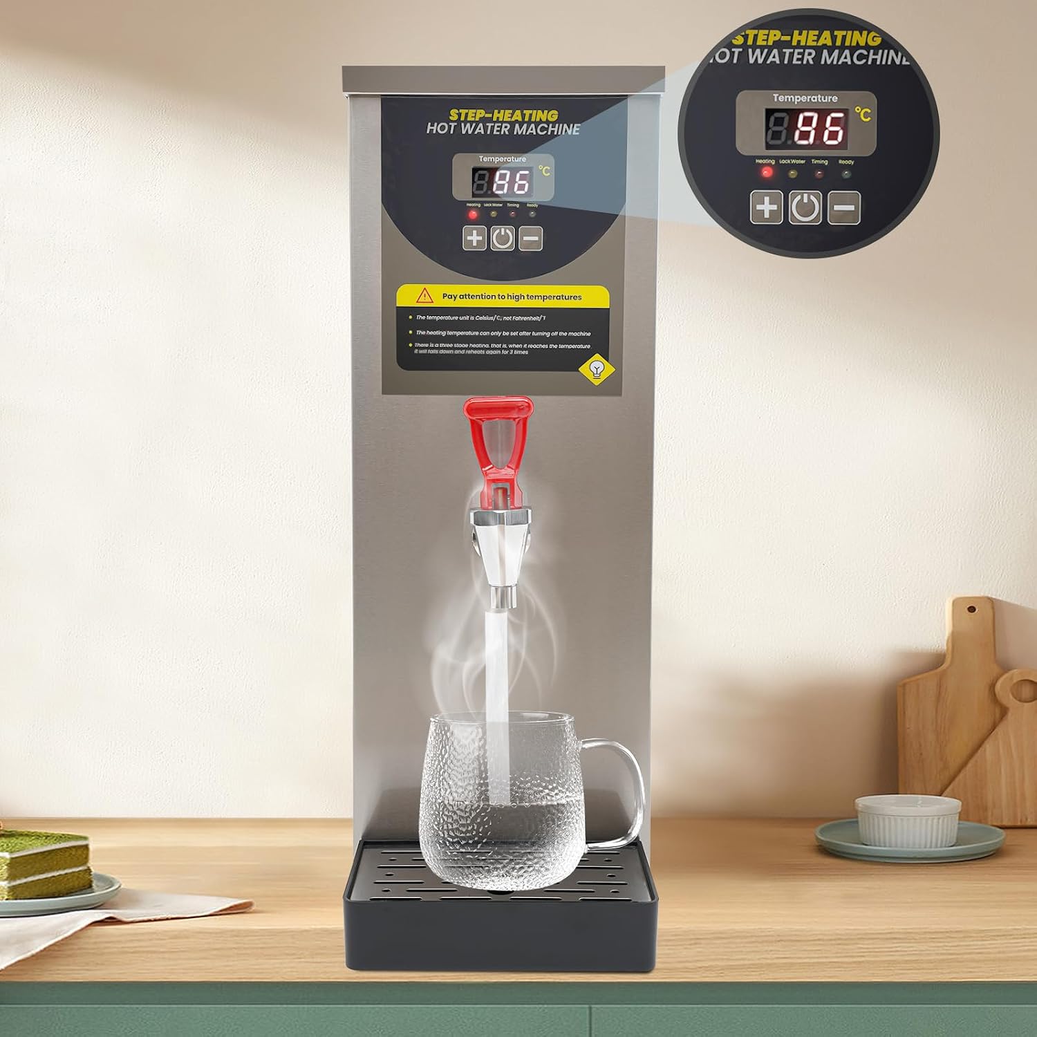 Step-Heating Commercial Hot Water Dispenser, 8L/2.11Gal Large Capacity Electric Dispenser Water Boiler, 2000W Fast Ready Water Boiler Machine with Stainless Steel Heating Tube, for Tea Coffee (Silver)