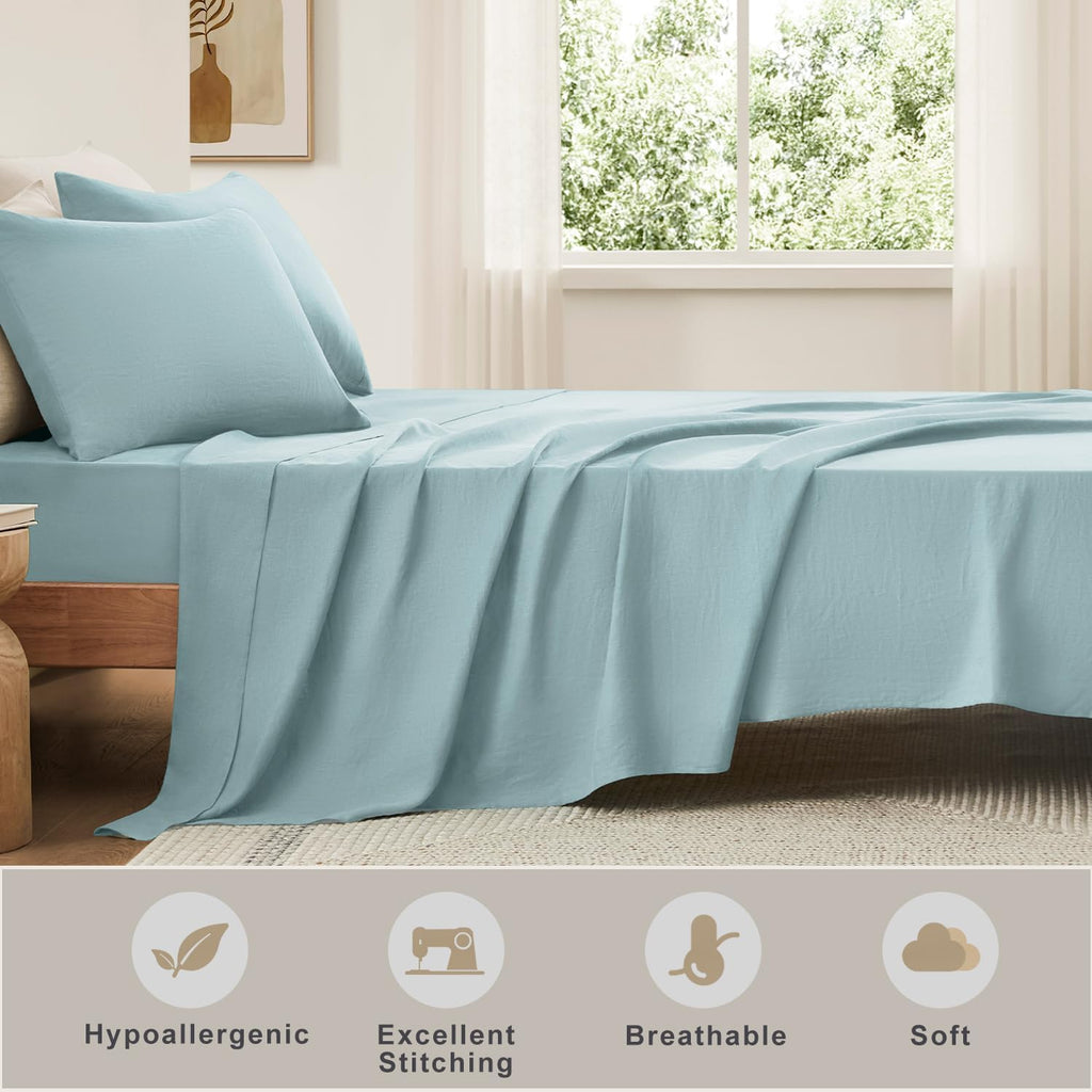 TOSMO 100% French Linen Sheets Set, Breathable and Durable Linen Flax Bedding 4 Pcs Set for Hot Sleepers - 1 Flat Sheet, 1 Fitted Sheet, 2 Pillowcases - (Aqua, Queen)