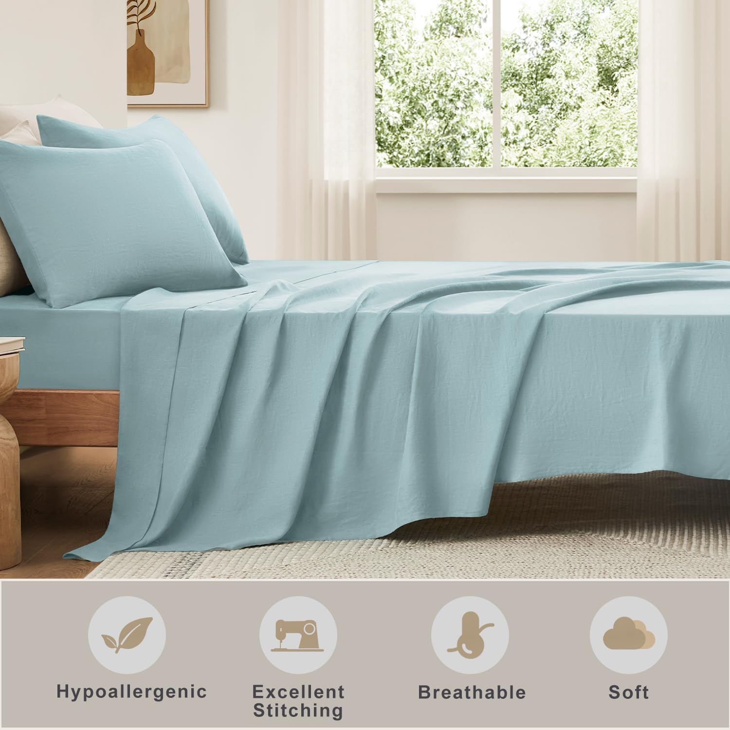 TOSMO 100% French Linen Sheets Set, Breathable and Durable Linen Flax Bedding 4 Pcs Set for Hot Sleepers - 1 Flat Sheet, 1 Fitted Sheet, 2 Pillowcases - (Aqua, Queen)