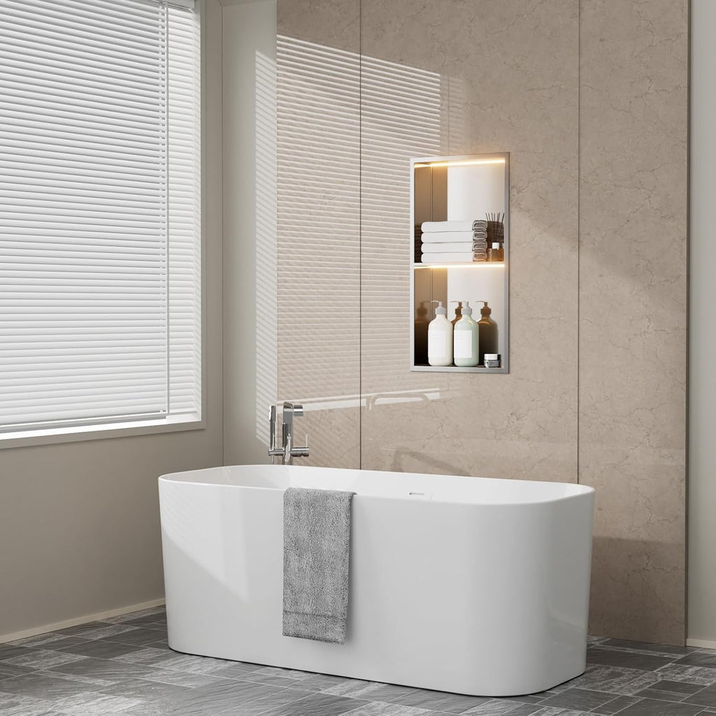 Stainless Steel LED Lights Shower Niche 12'x24' - No Tile Needed Double Shelves Recessed Wall Niche for Bathroom Storage, Brushed