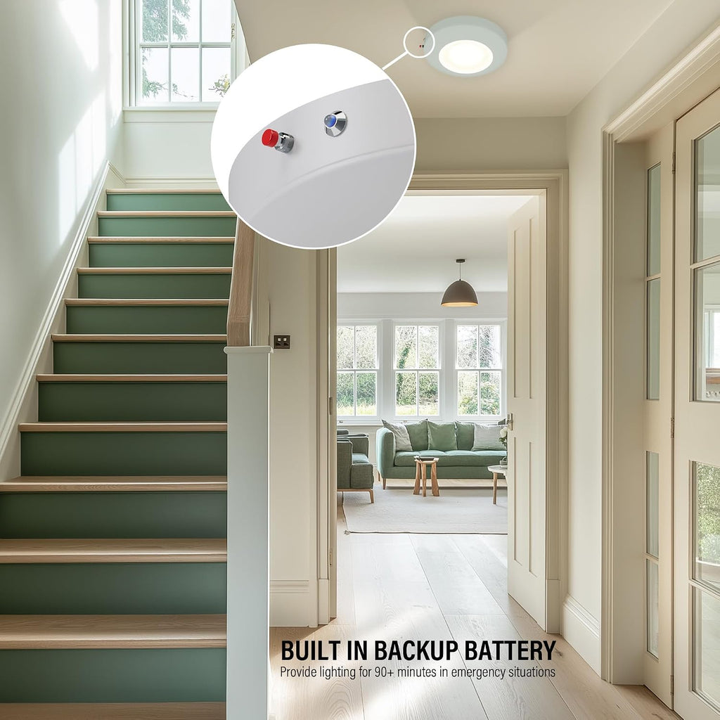 6 Inch LED Emergency Disk Light Kit with Battery Backup, Ceiling Mount Emergency Lights, Dimmable, 120-277V, 15W, 1000lm, CRI90, 5CCT Selectable, ETL & Wet Rated, White, 4 Packs