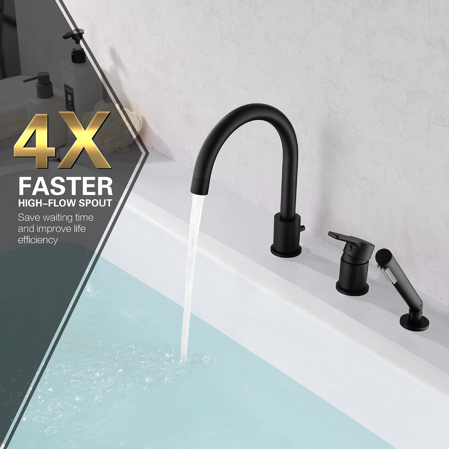 SUMERAIN Matte Black Roman Tub Faucet 3 Holes Deck Mount Bathtub Faucet with Handheld Shower Sprayer