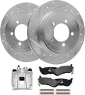 Detroit Axle - Rear Drilled Rotors Brake Pads + Left Brake Caliper Replacement for 2006-2010 Ford Explorer Mercury Mountaineer - 5pc Set