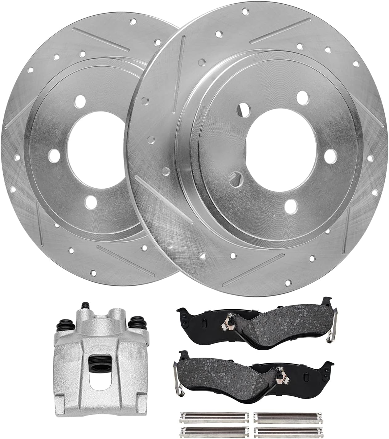 Detroit Axle - Rear Drilled Rotors Brake Pads + Left Brake Caliper Replacement for 2006-2010 Ford Explorer Mercury Mountaineer - 5pc Set