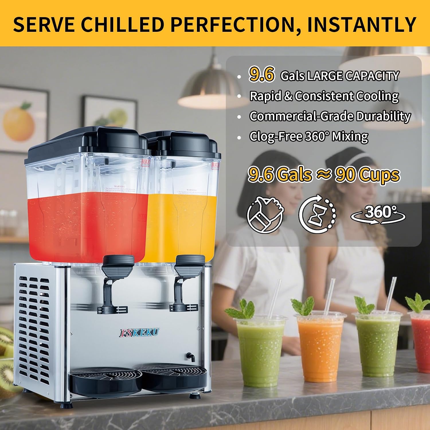 Commercial Beverage Dispenser, 36L Dual-Tank 300W Refrigerated Cooler | Maintains 45-54°F with independent cooling and mixing controls, stainless steel body, and removable tanks.