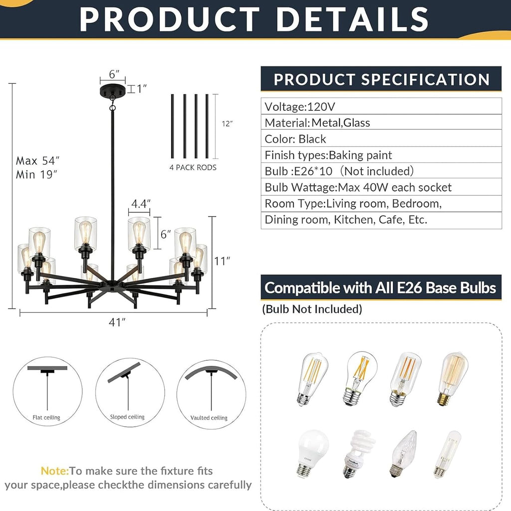 10 Light Large Black Farmhouse Chandelier | Rustic Chandeliers for Dining Room Light Fixture | Industrial Hanging Lighting with Clear Glass Cover for Living Room | Foyer | Staircase | Villa
