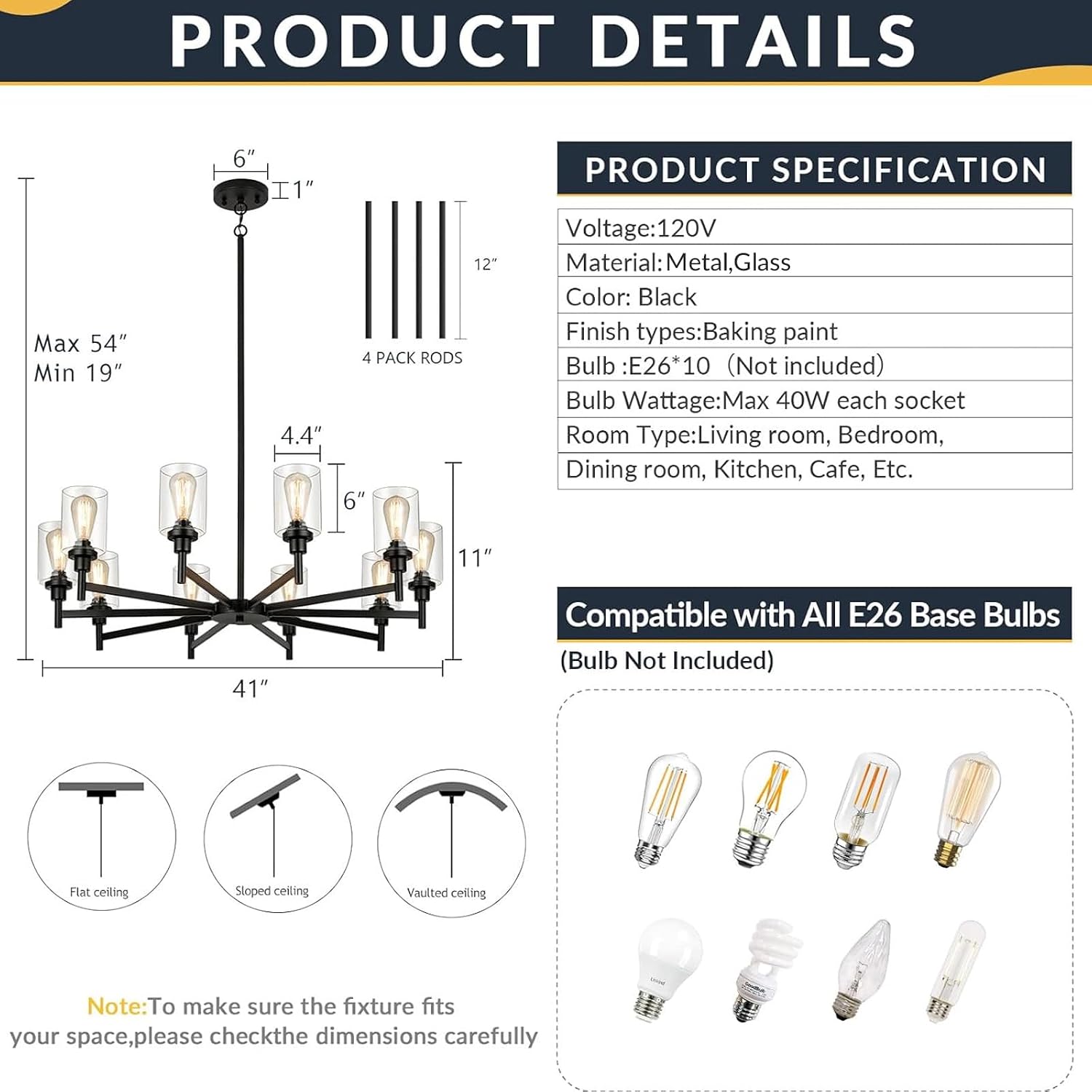 10 Light Large Black Farmhouse Chandelier | Rustic Chandeliers for Dining Room Light Fixture | Industrial Hanging Lighting with Clear Glass Cover for Living Room | Foyer | Staircase | Villa