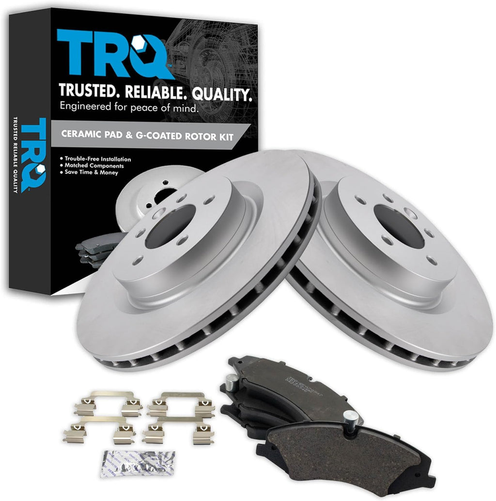 TRQ Front Brake Pad and Rotor Set Ceramic G Coated Vented Rotors Compatible with 2017 Land Rover Discovery 2010-2016 LR4 2014-2017 Range Rover 2011-2017 Range Sport