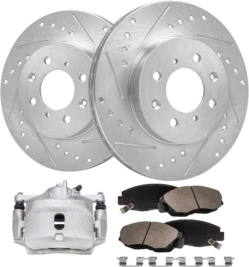 Detroit Axle - 5pc Front Drilled Rotors Brake Pads Left Caliper Replacement for 1996-2005 Honda Civic 2010-2014 Insight 1997-2000 Acura EL: 10.32'' inch Rotor
