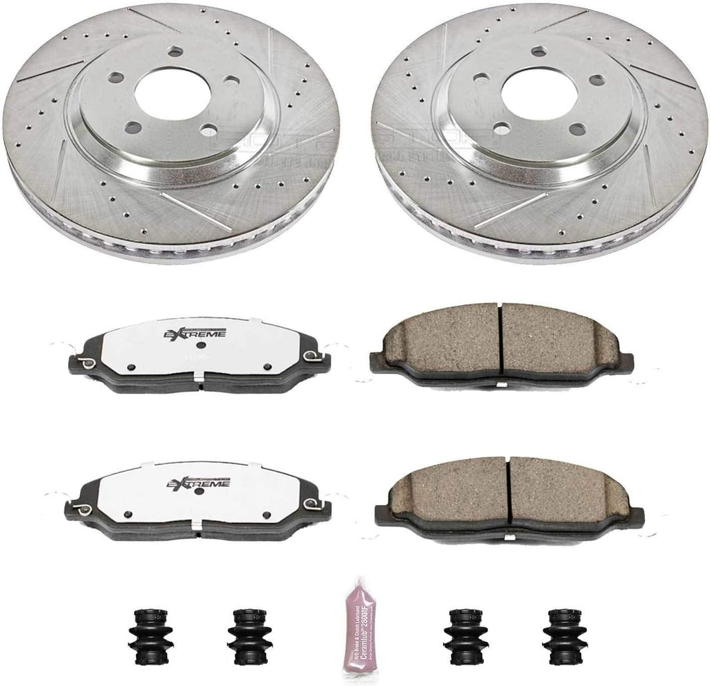 PowerStop Front Brake Kit for Ford Mustang 2005-10 - Carbon-Fiber Ceramic Z26 Brake Pads + Drilled & Slotted Rotors Upgrade, K1380-26