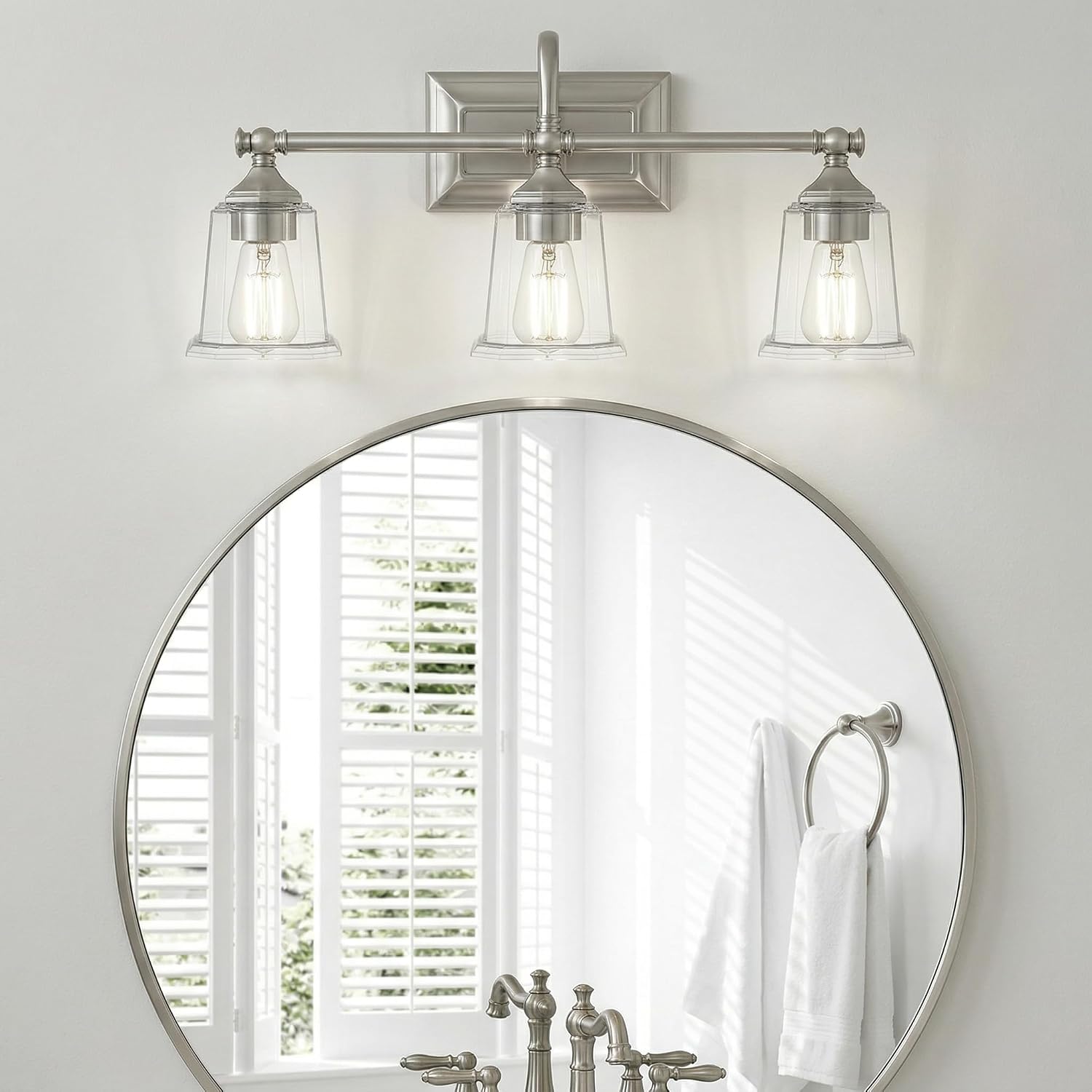 Quoizel Nicholas Vanity Lights, 22 Inch 3-Light Brushed Nickel Bathroom Lighting Fixtures Over Mirror, 100W, Clear Glass, Mid-Century Wall Mount Light for Bathrooms, Kitchen or Hallway