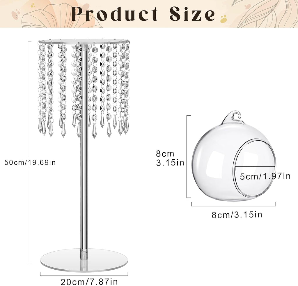 Yerliker 6 Sets 19.69 Inch Acrylic Wedding Centerpiece Flower Stand with Hanging Glass Tealight Globe Candle Holders Crystal Tall Flowers Vase for Birthday Wedding Party Table Decoration
