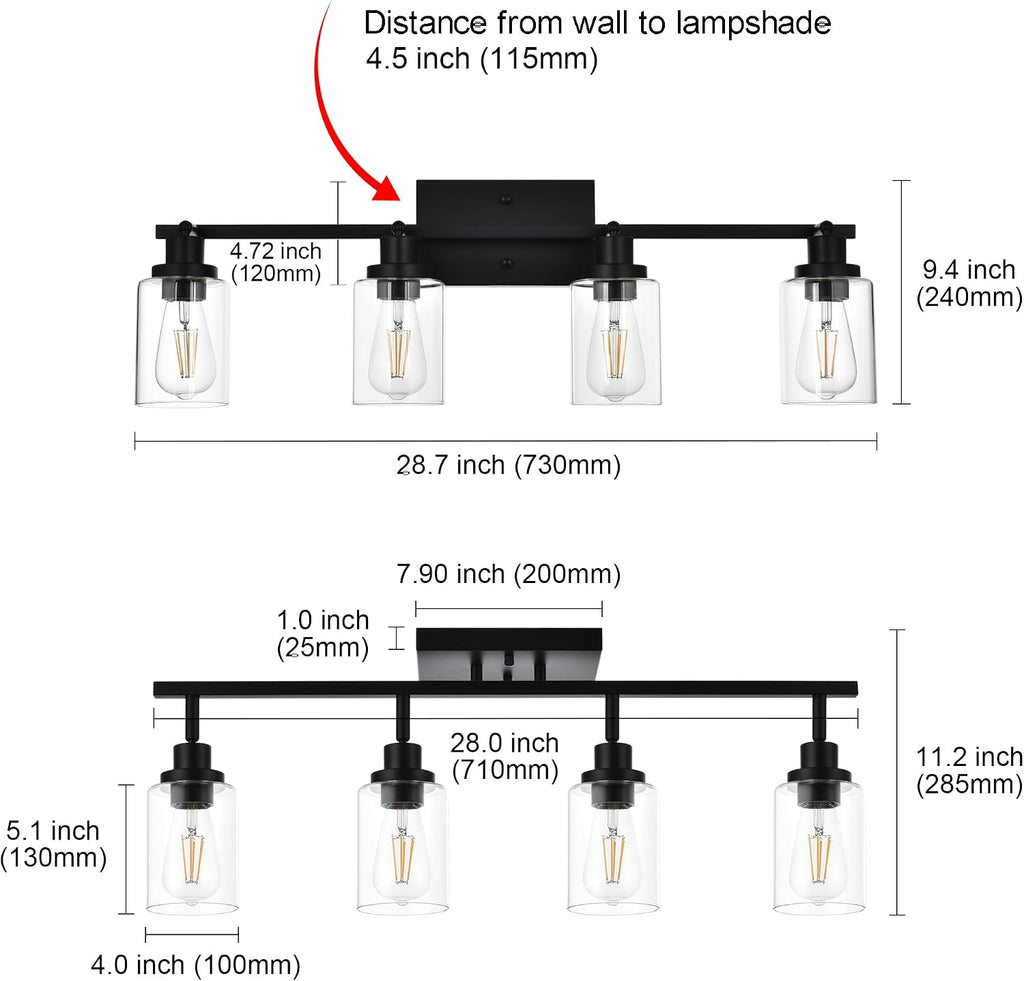 MELUCEE 4 Light Track Lighting Kit 28.7 Inch Bathroom Light Fixtures Matte Black Ceiling Spotlight Fixture for Hallway Foyer Bath Storage, Clear Glass Shade