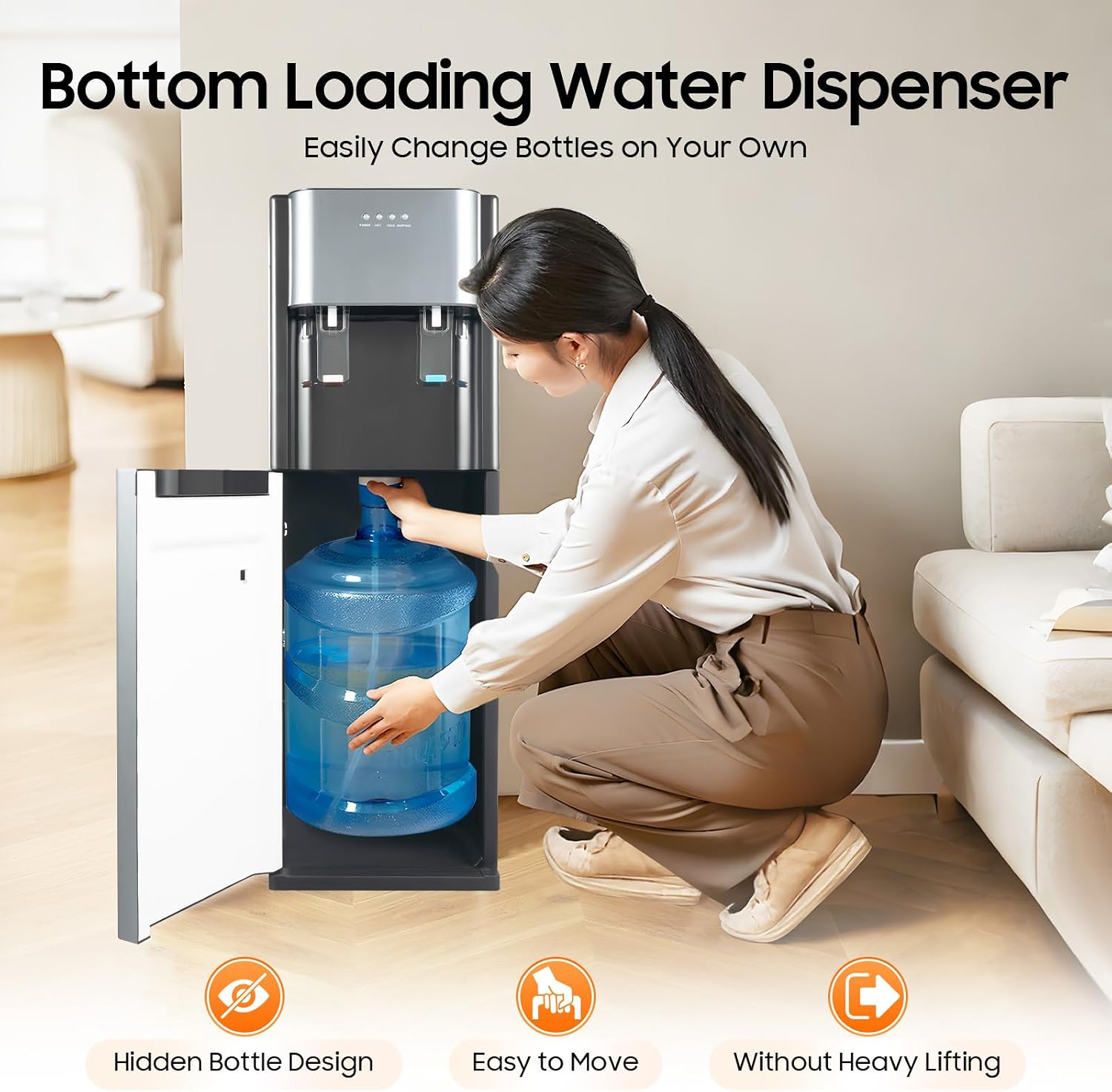 Bepritm Bottom Loading Water Cooler Dispenser for 5 Gallon Bottles, Hot Cold & Cool Water Dispenser with Empty Bottle Indicator, Stainless Steel, Ideal for Office, Home, Living Room (Dark Grey)