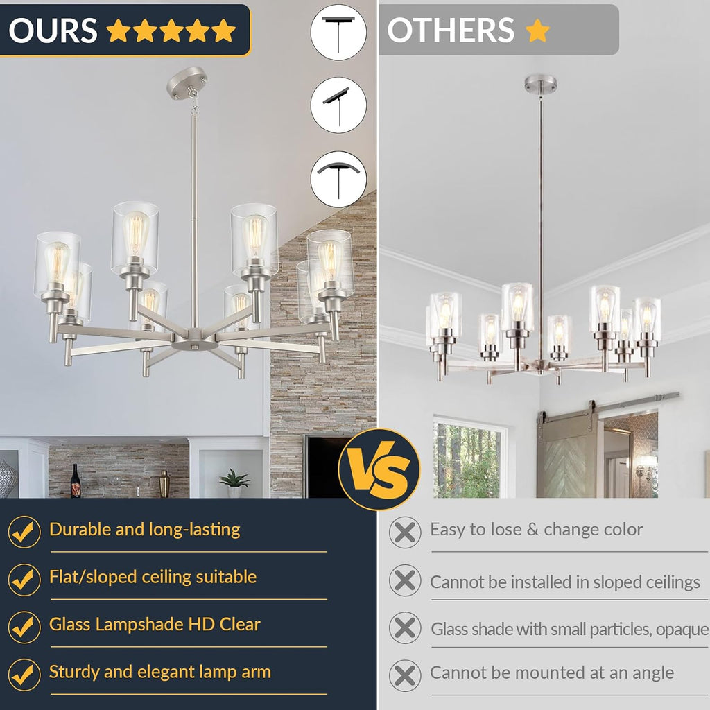 Brushed Nickel Chandeliers for Dining Room | 8 Lights Living Room Light Fixture Over Table | Farmhouse Chandelier with Clear Glass Shade | Hallway Lighting for Kitchen Island | Bedroom | Restaurant